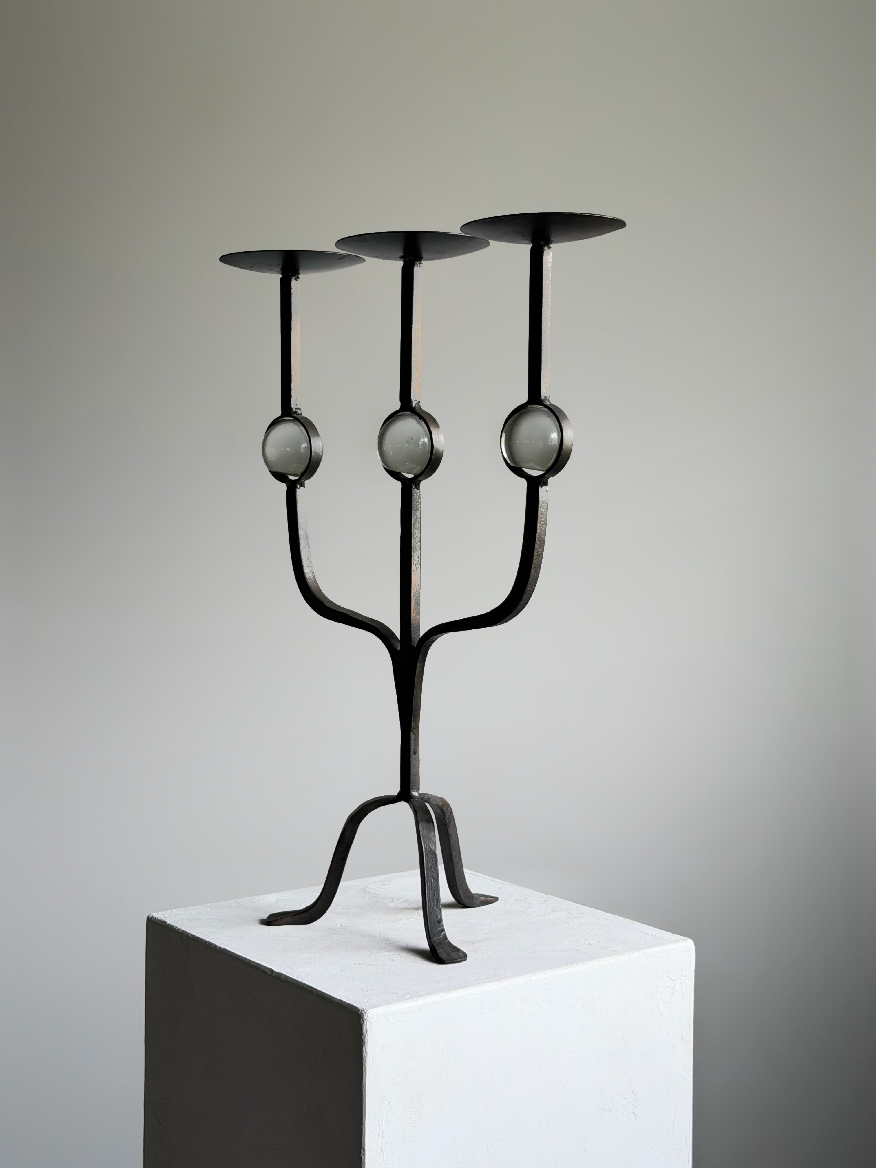 Three-Arm Wrought Iron Candle Holder with Glass Accents, 1950s