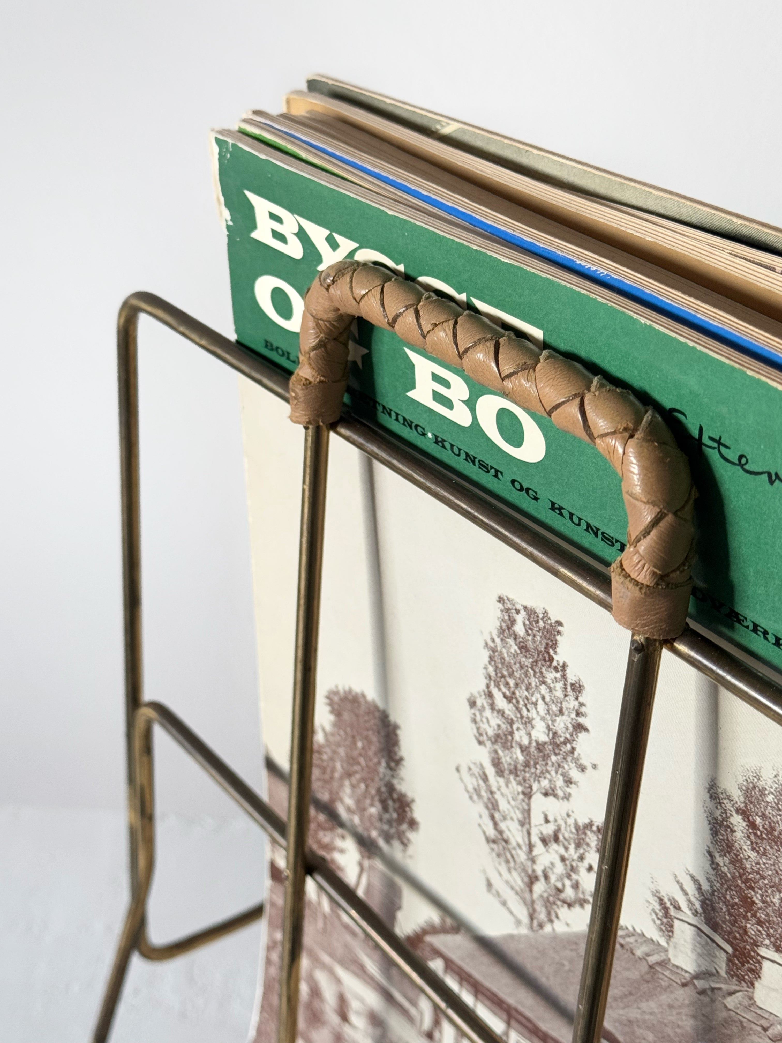 Vintage Brass Magazine Rack with Leather Handle by illumsbohus 1960s