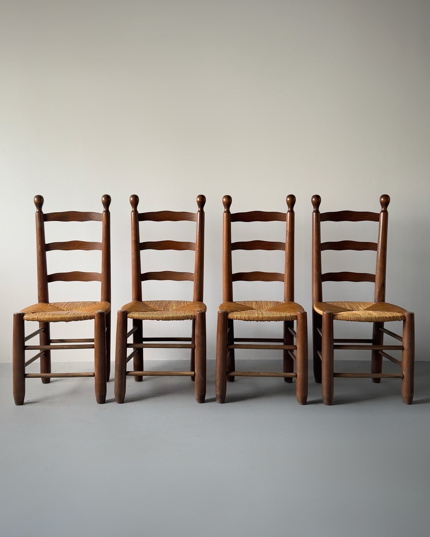 Set of 4 Rush and Oak Dining Chairs, French 1950s