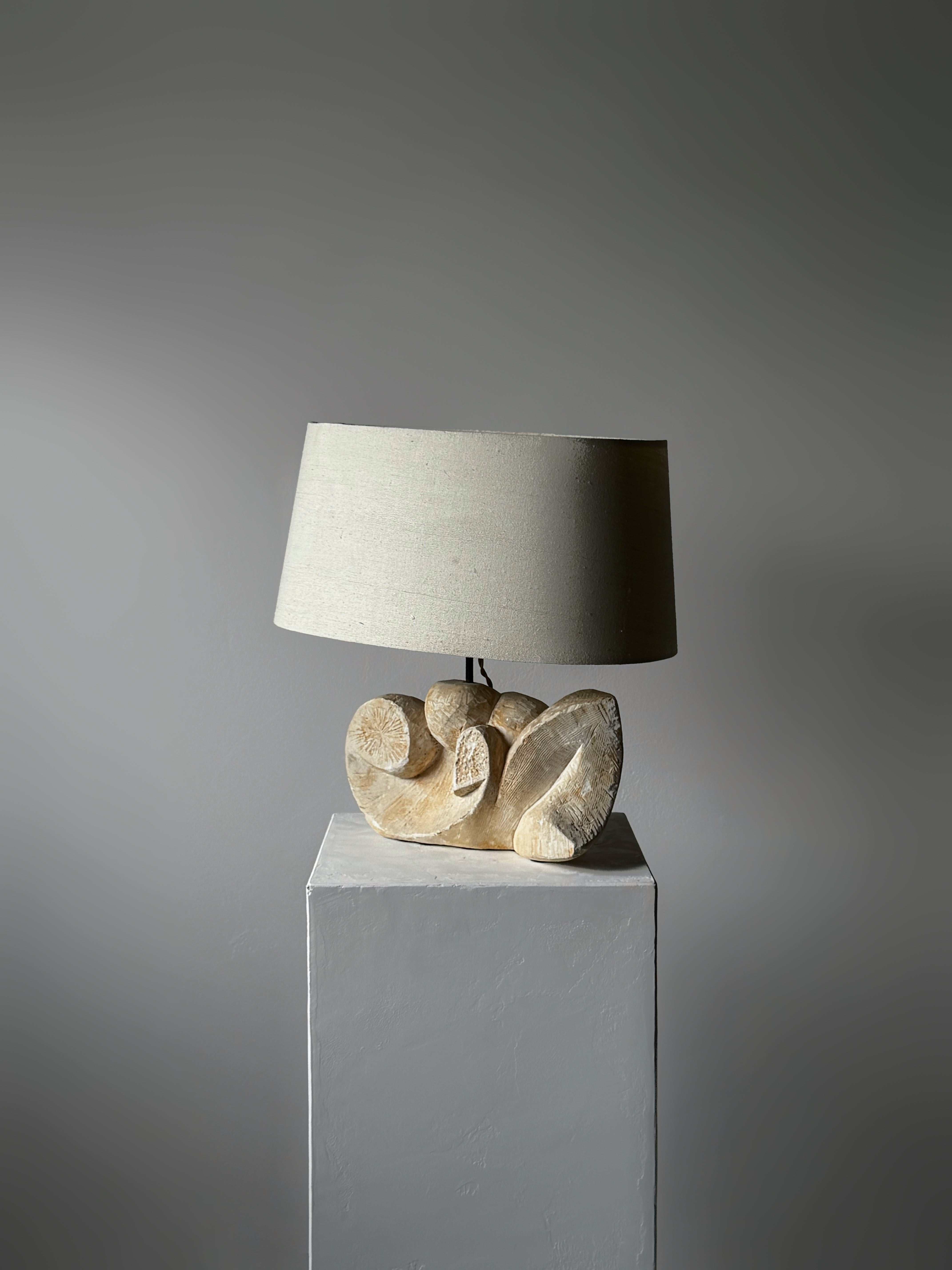 Unique plaster lamp with silk shade, France 1950s