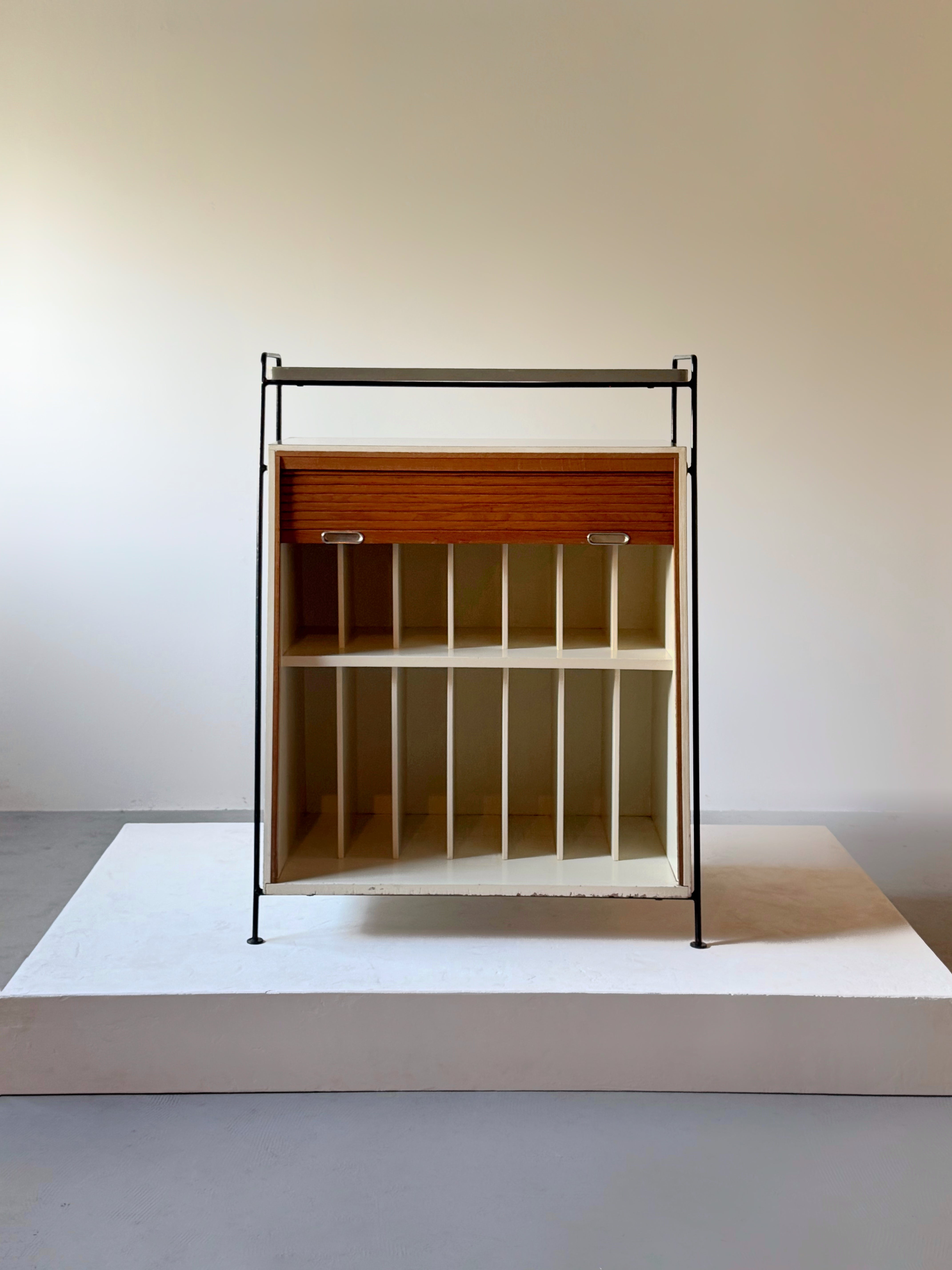 Mid century record storage cabinet with tambour door