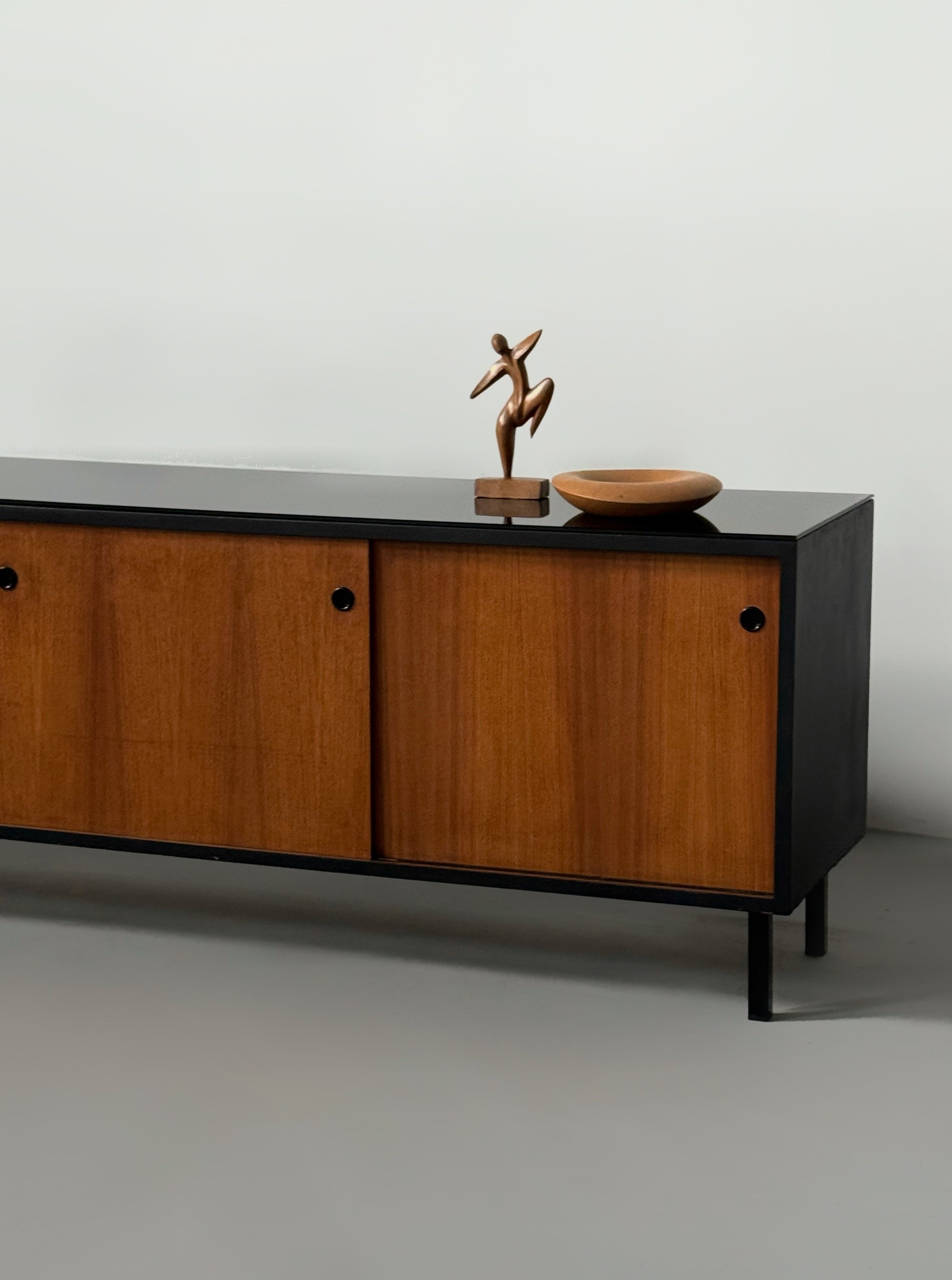 Mid-century French sideboard in teak and black glass top
