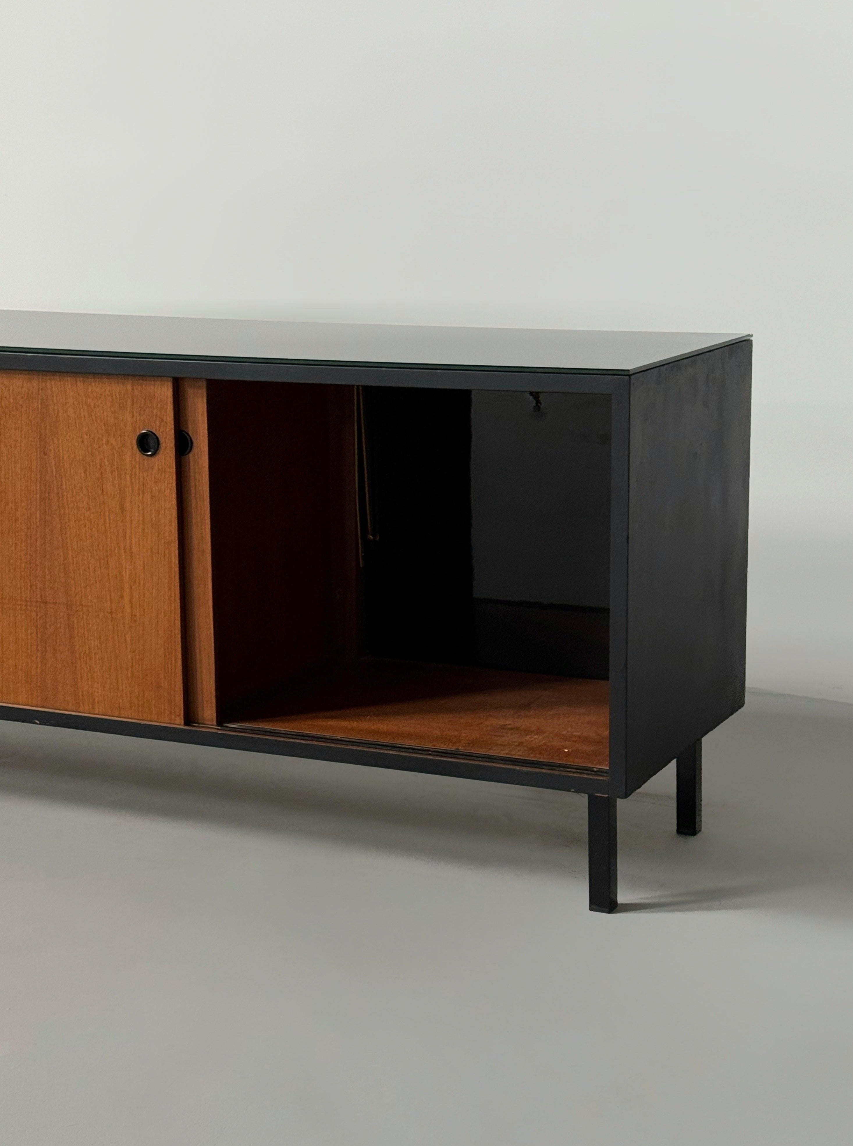 Mid-century French sideboard in teak and black glass top