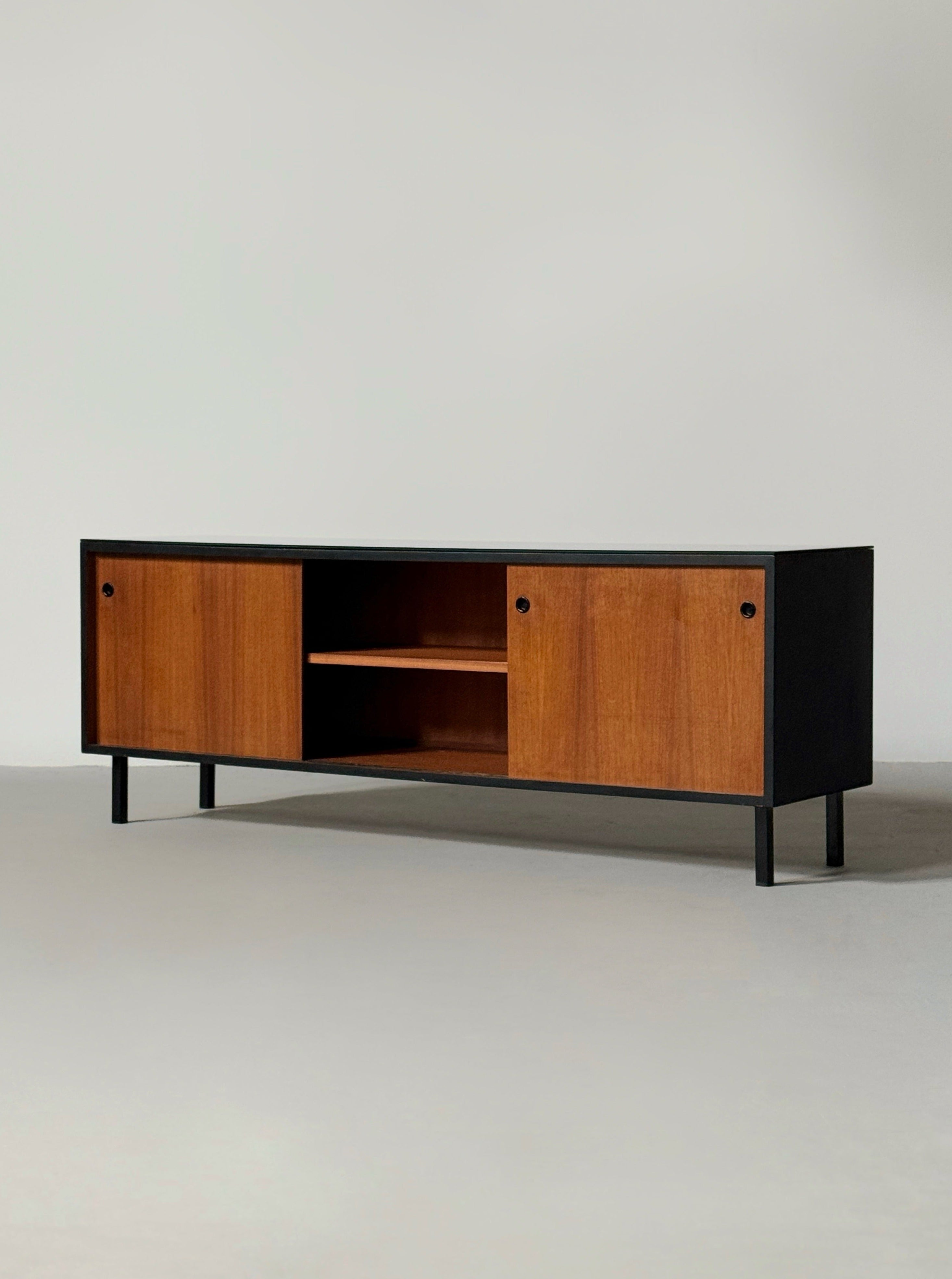 Mid-century French sideboard in teak and black glass top