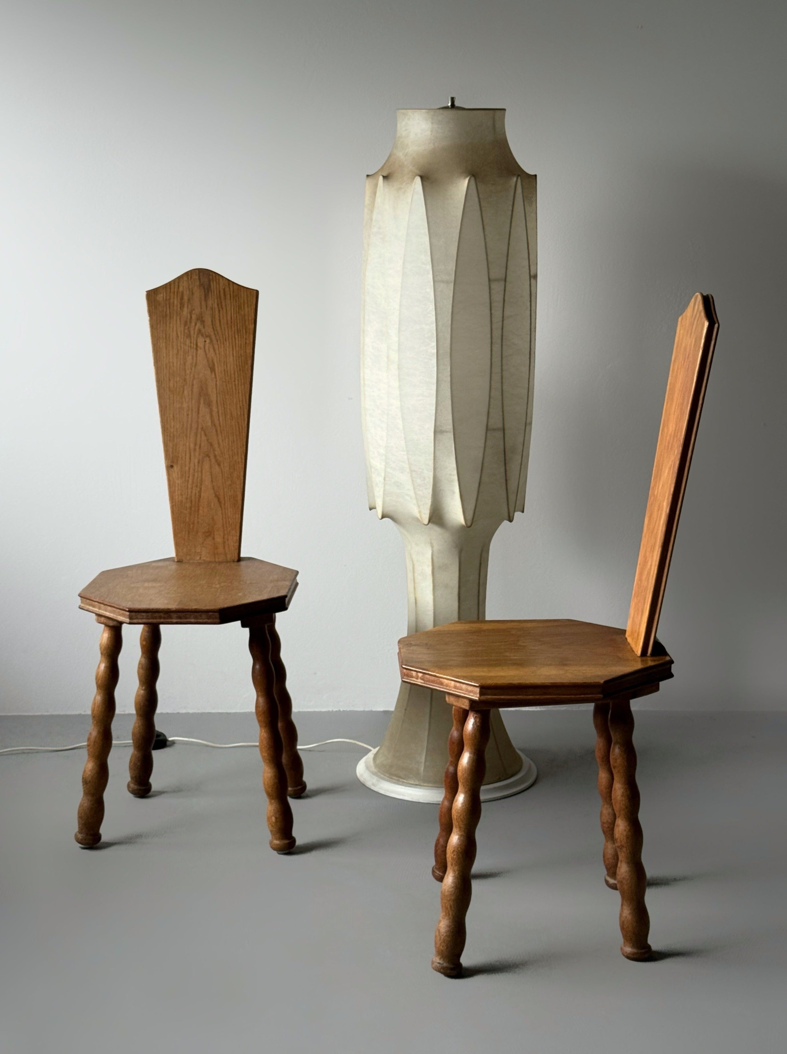 Sculptural Patinated Oak Spinning Chairs, Early 20th Century