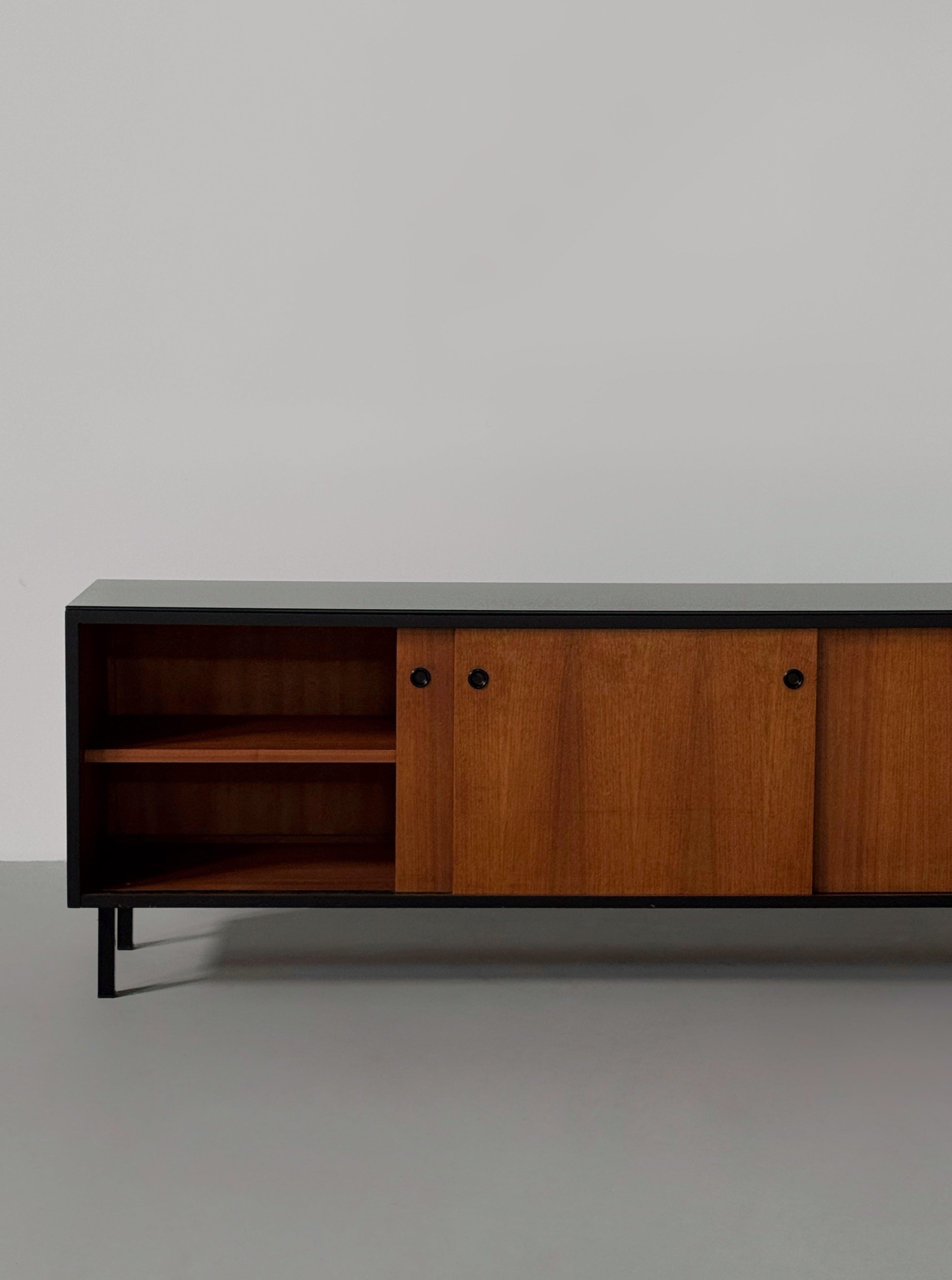 Mid-century French sideboard in teak and black glass top
