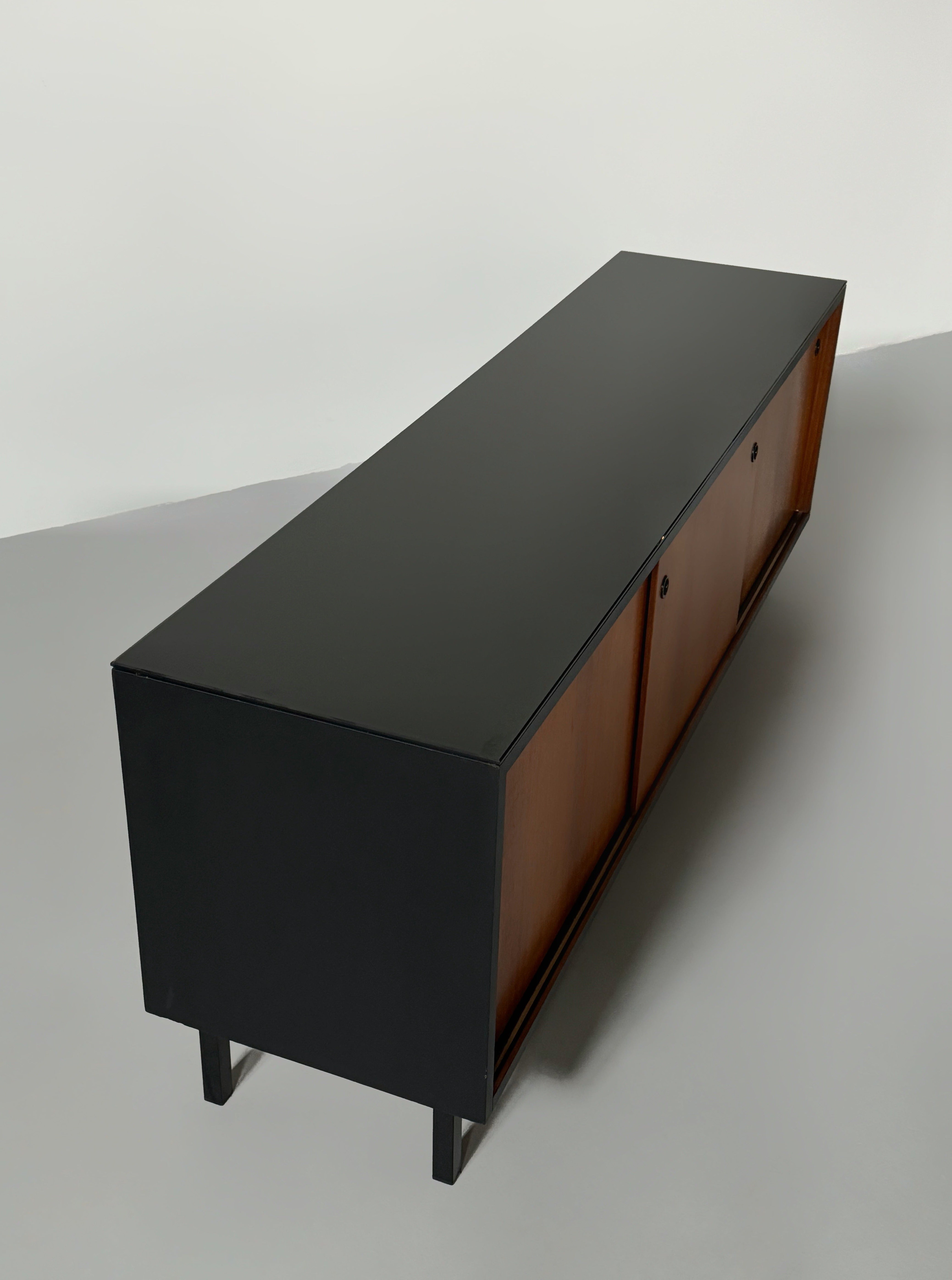 Mid-century French sideboard in teak and black glass top