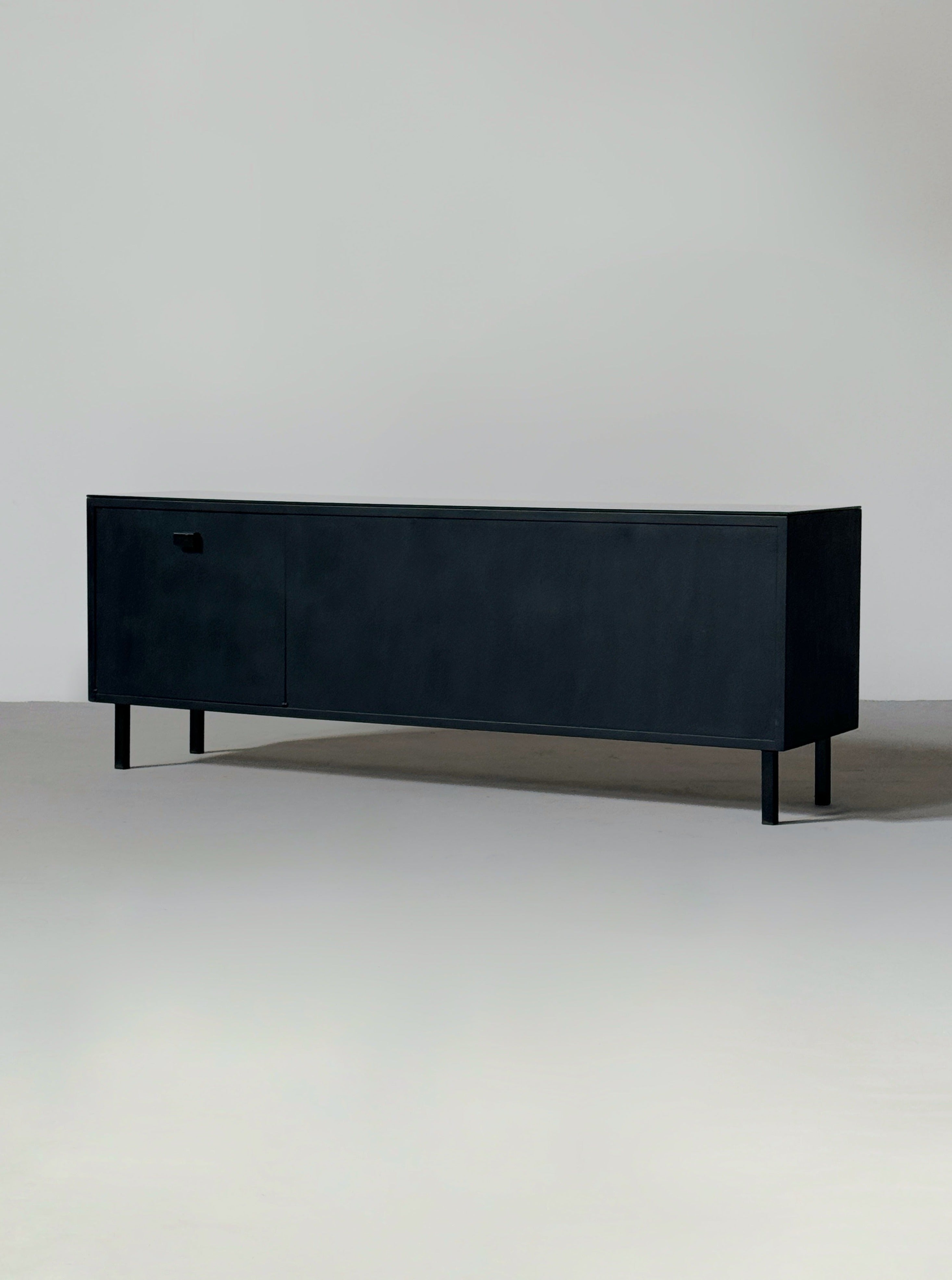 Mid-century French sideboard in teak and black glass top