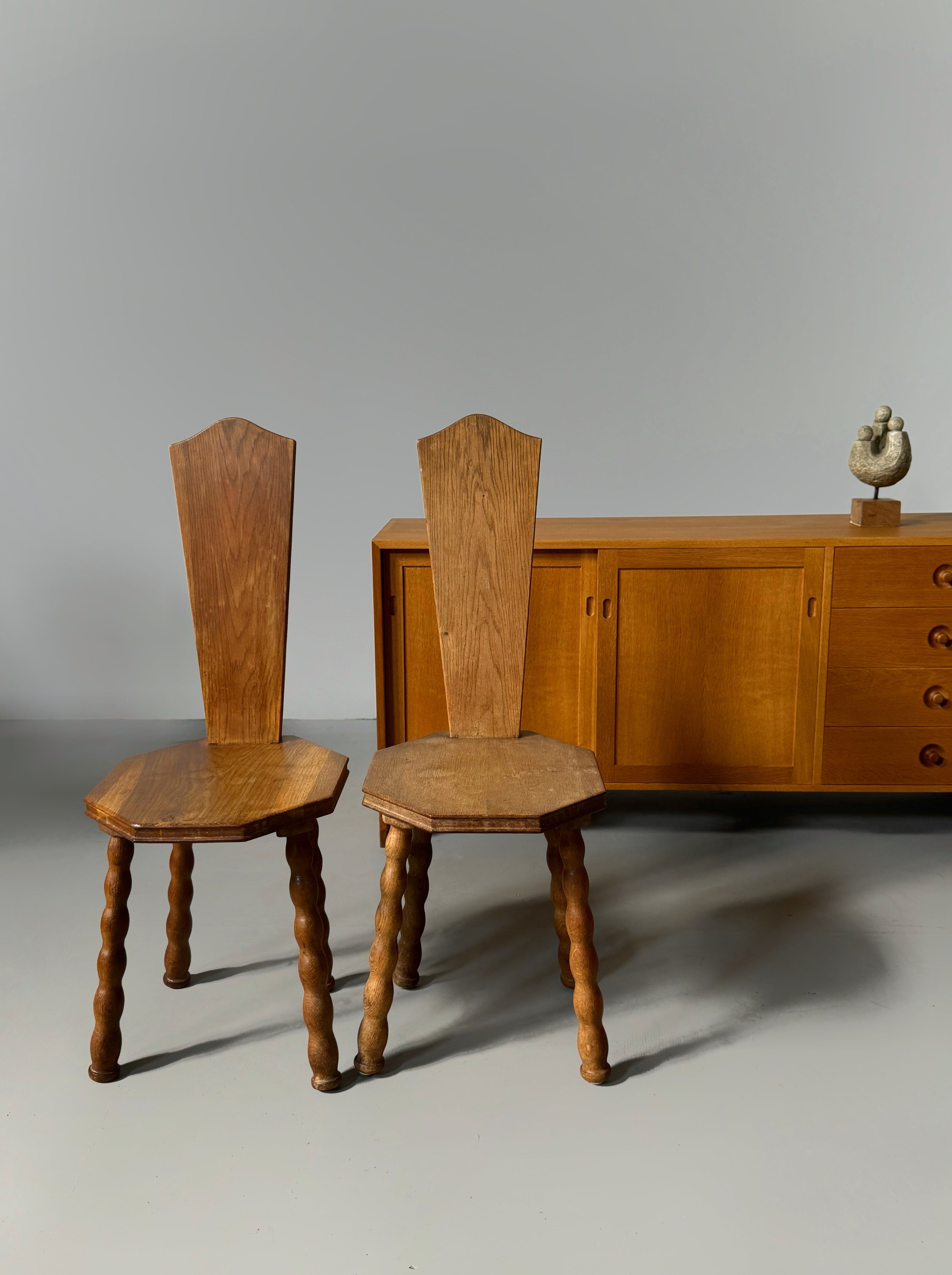 Sculptural Patinated Oak Spinning Chairs, Early 20th Century