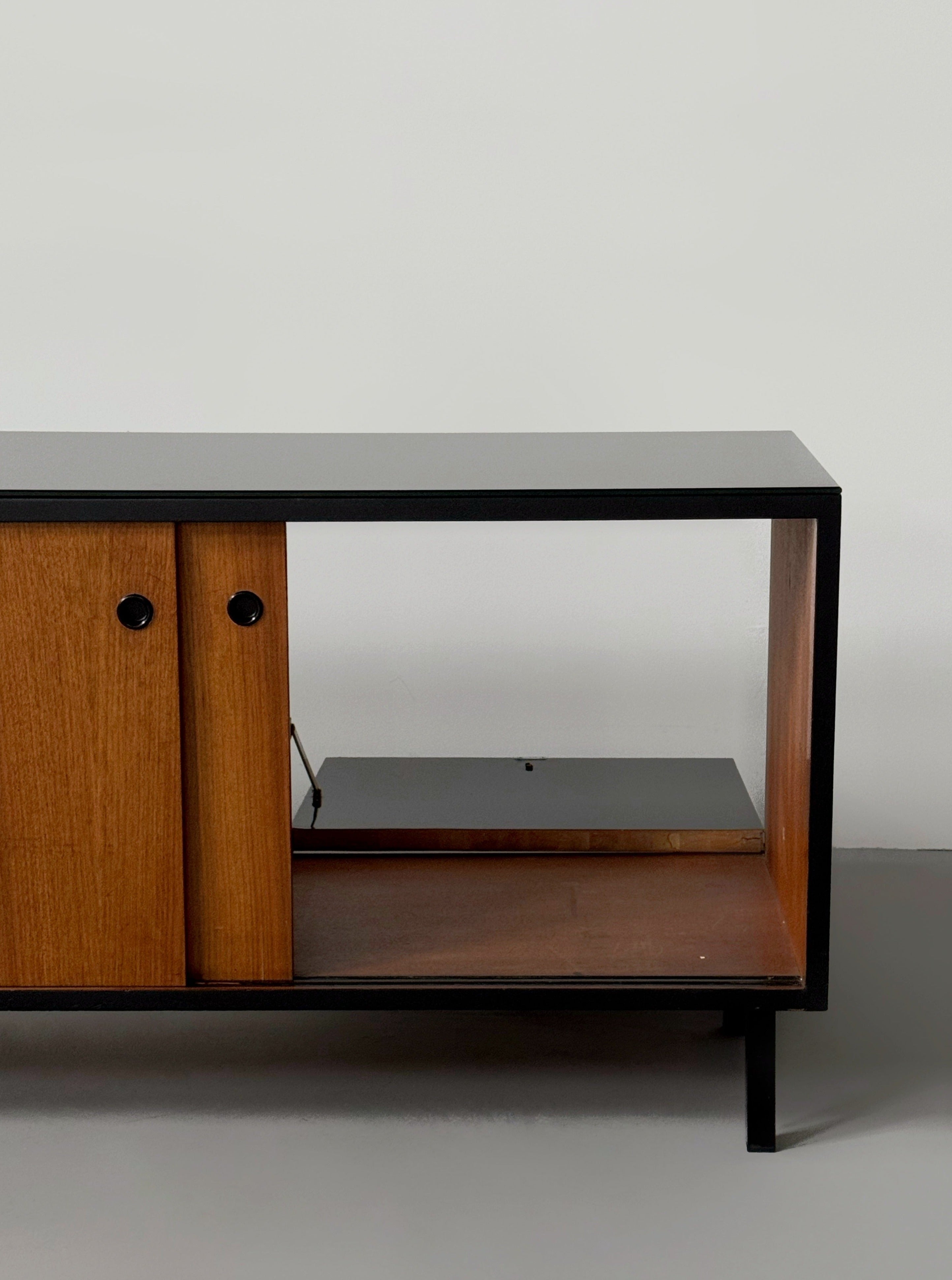 Mid-century French sideboard in teak and black glass top