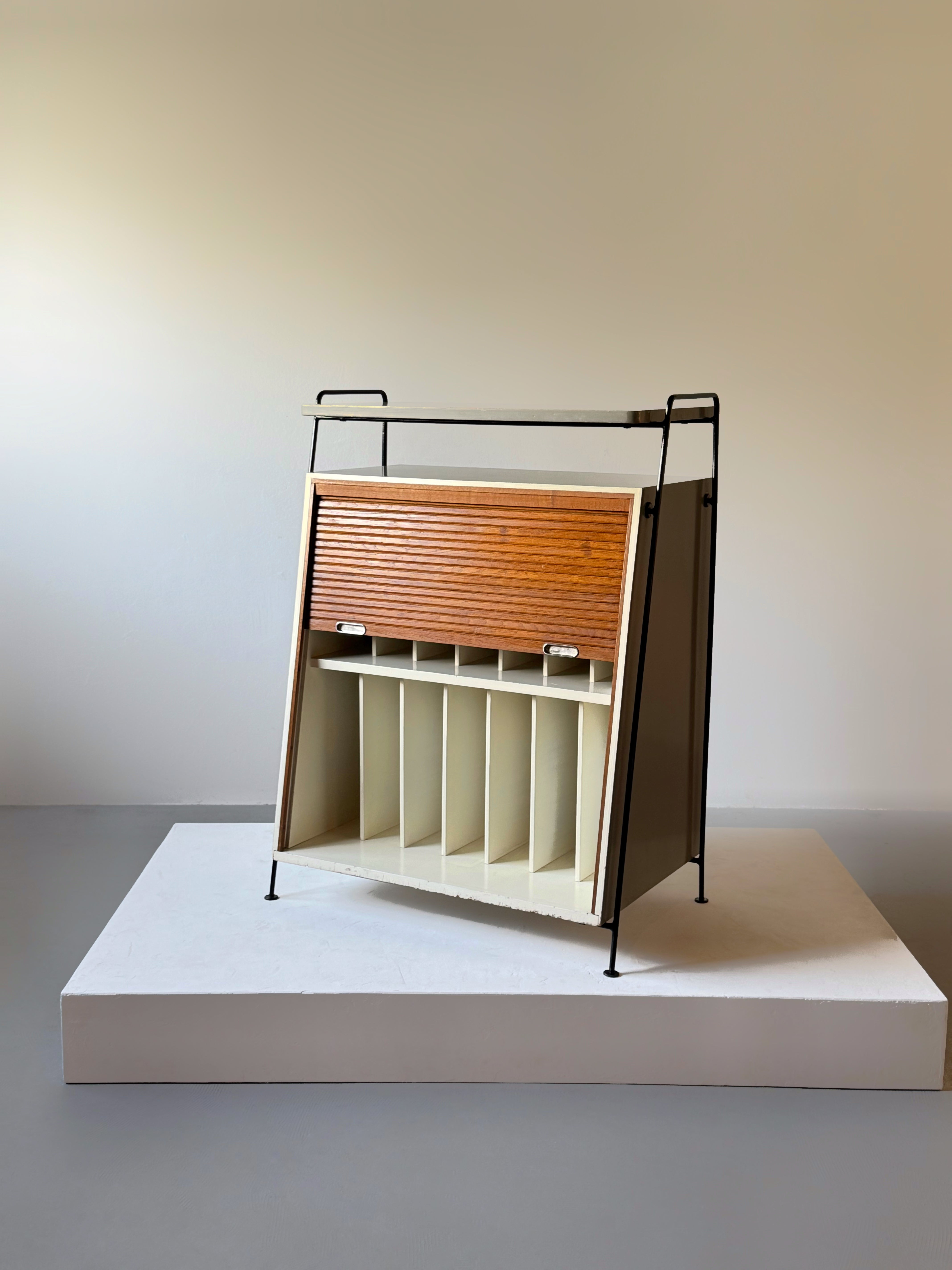 Mid century record storage cabinet with tambour door