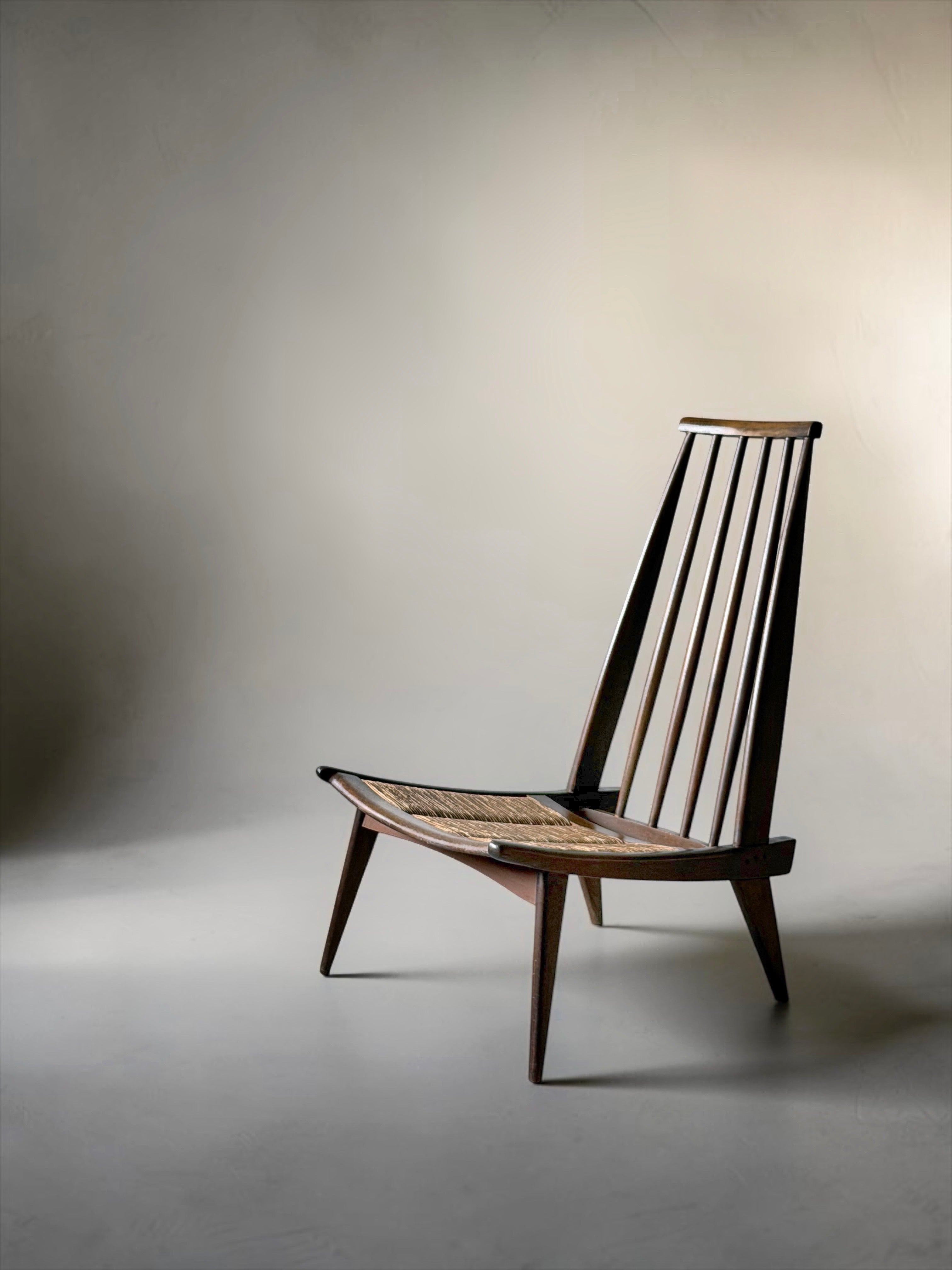 Sculptural High-Back Lounge Chair in Wood and Woven Cane, 1950s
