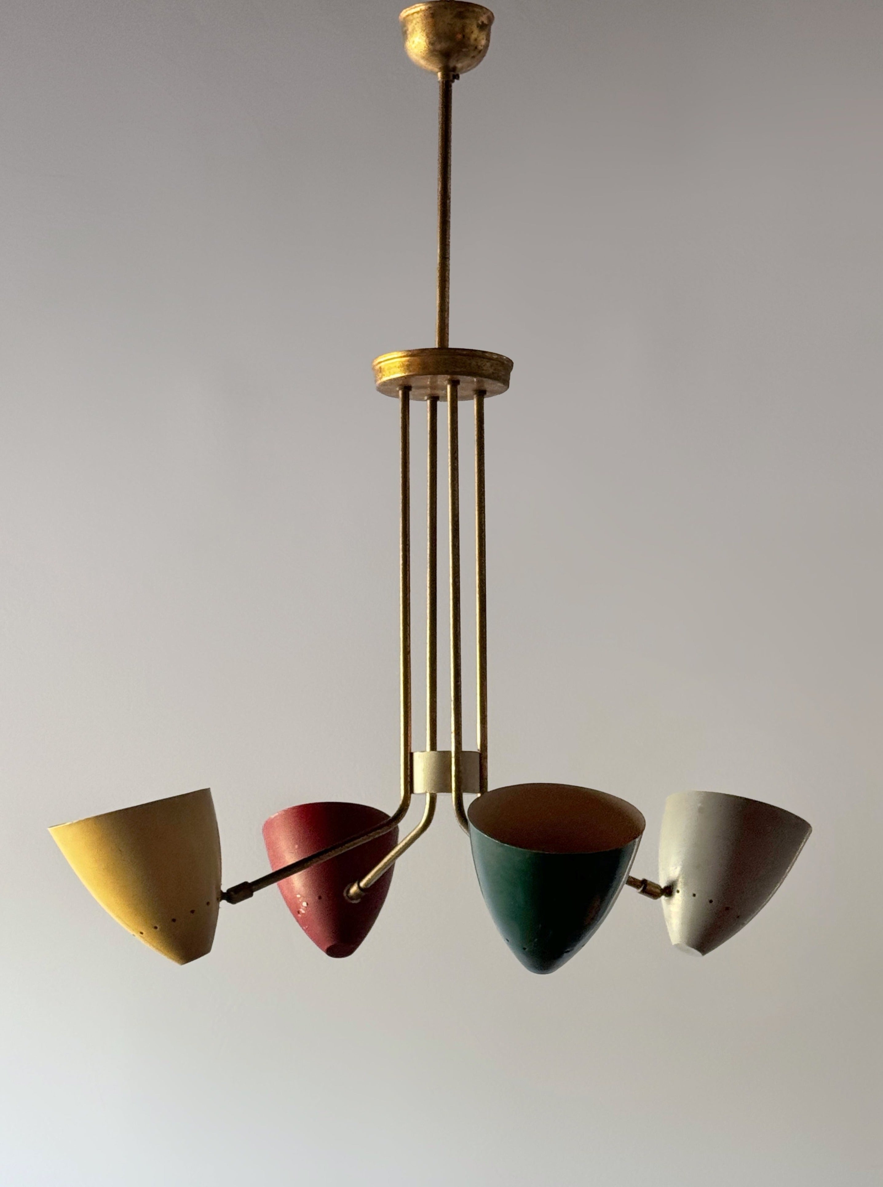 Italian Brass Chandelier with four Colorful Shades, 1950s