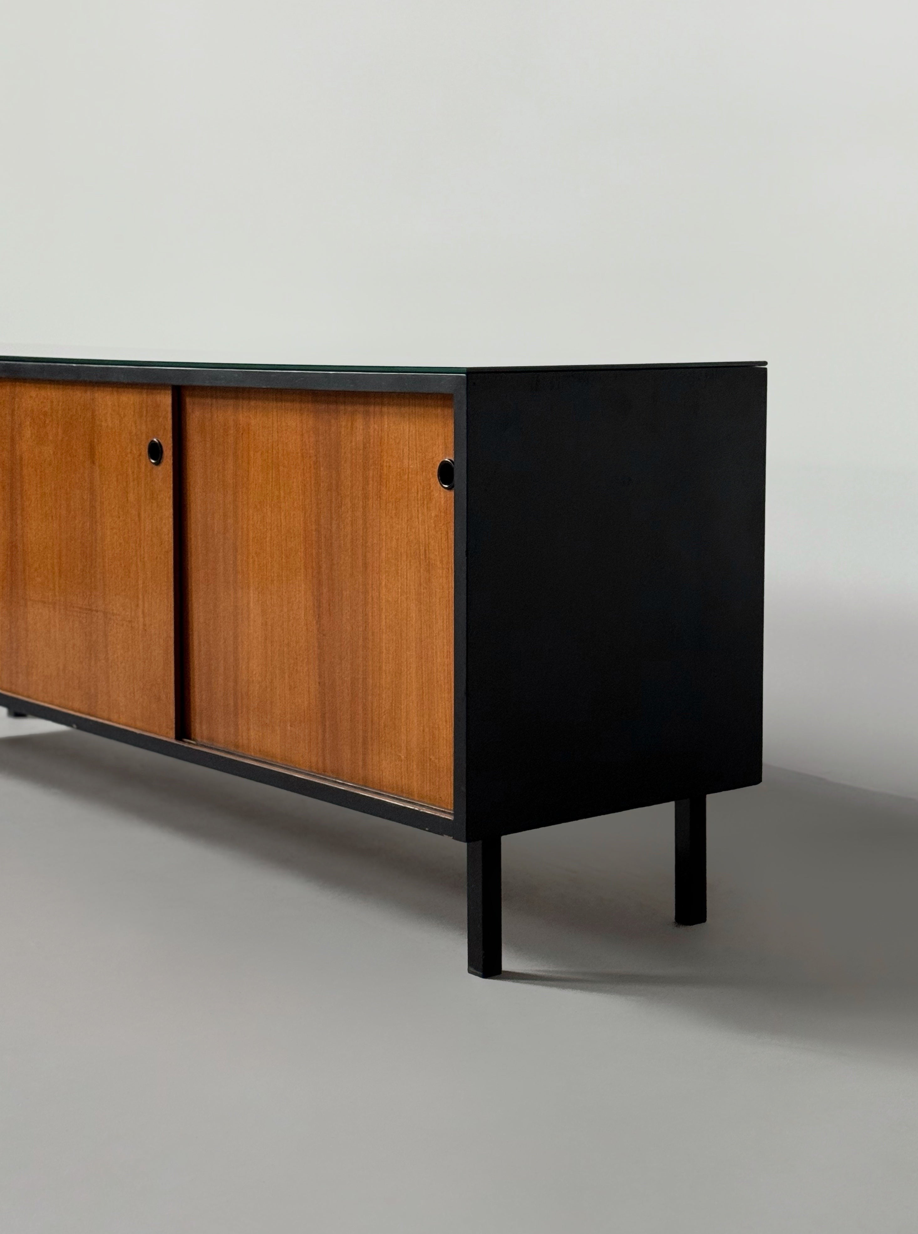 Mid-century French sideboard in teak and black glass top