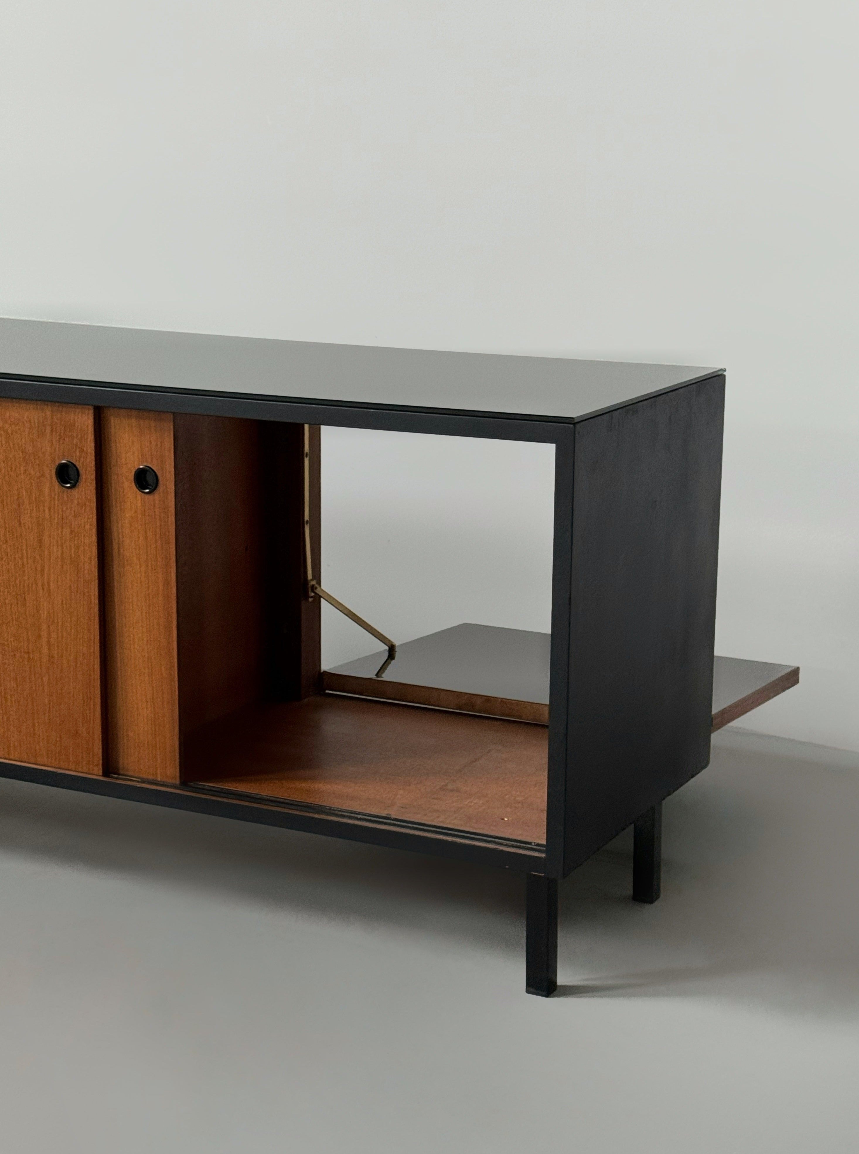 Mid-century French sideboard in teak and black glass top