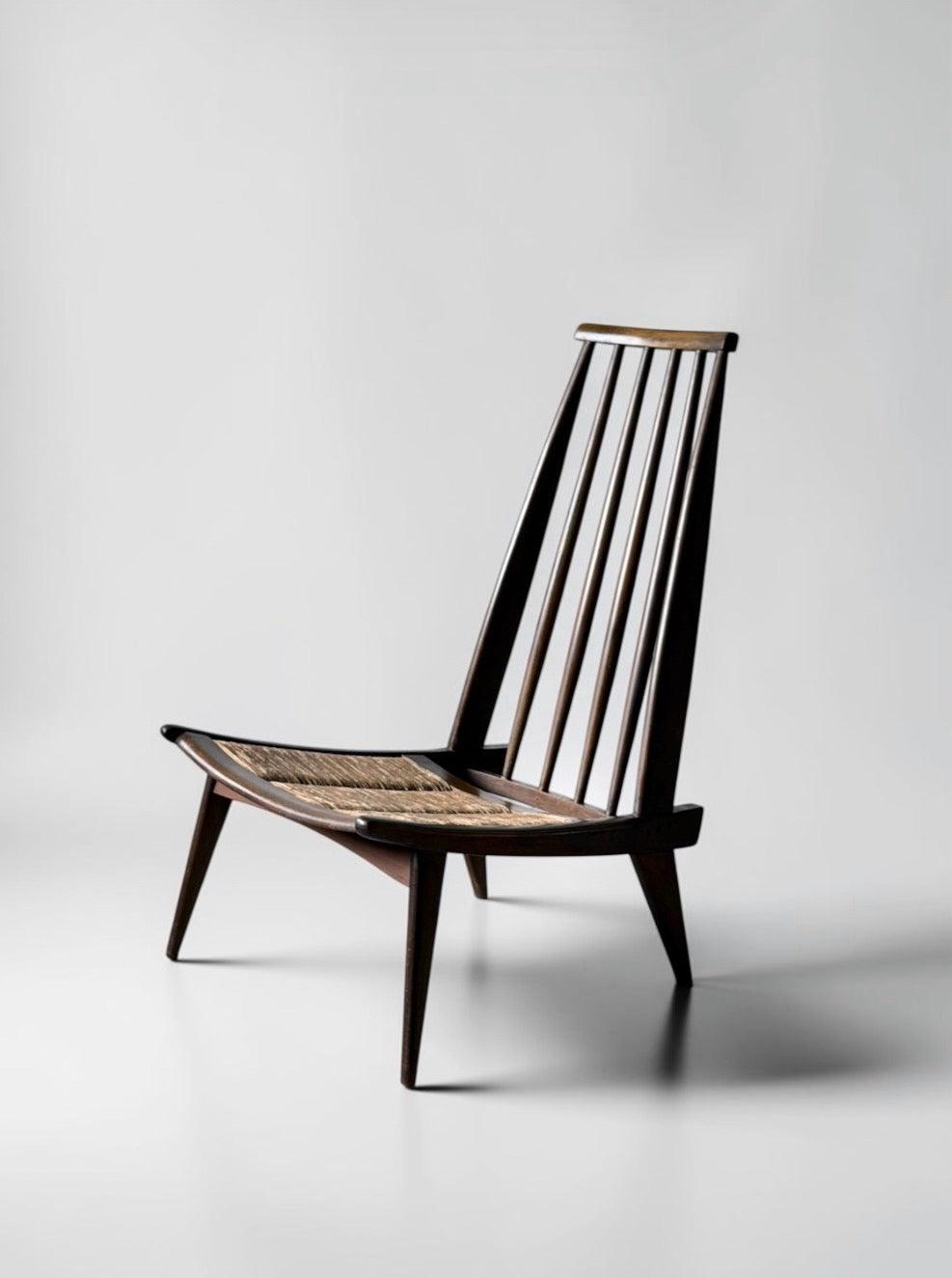 Sculptural High-Back Lounge Chair in Wood and Woven Cane, 1950s