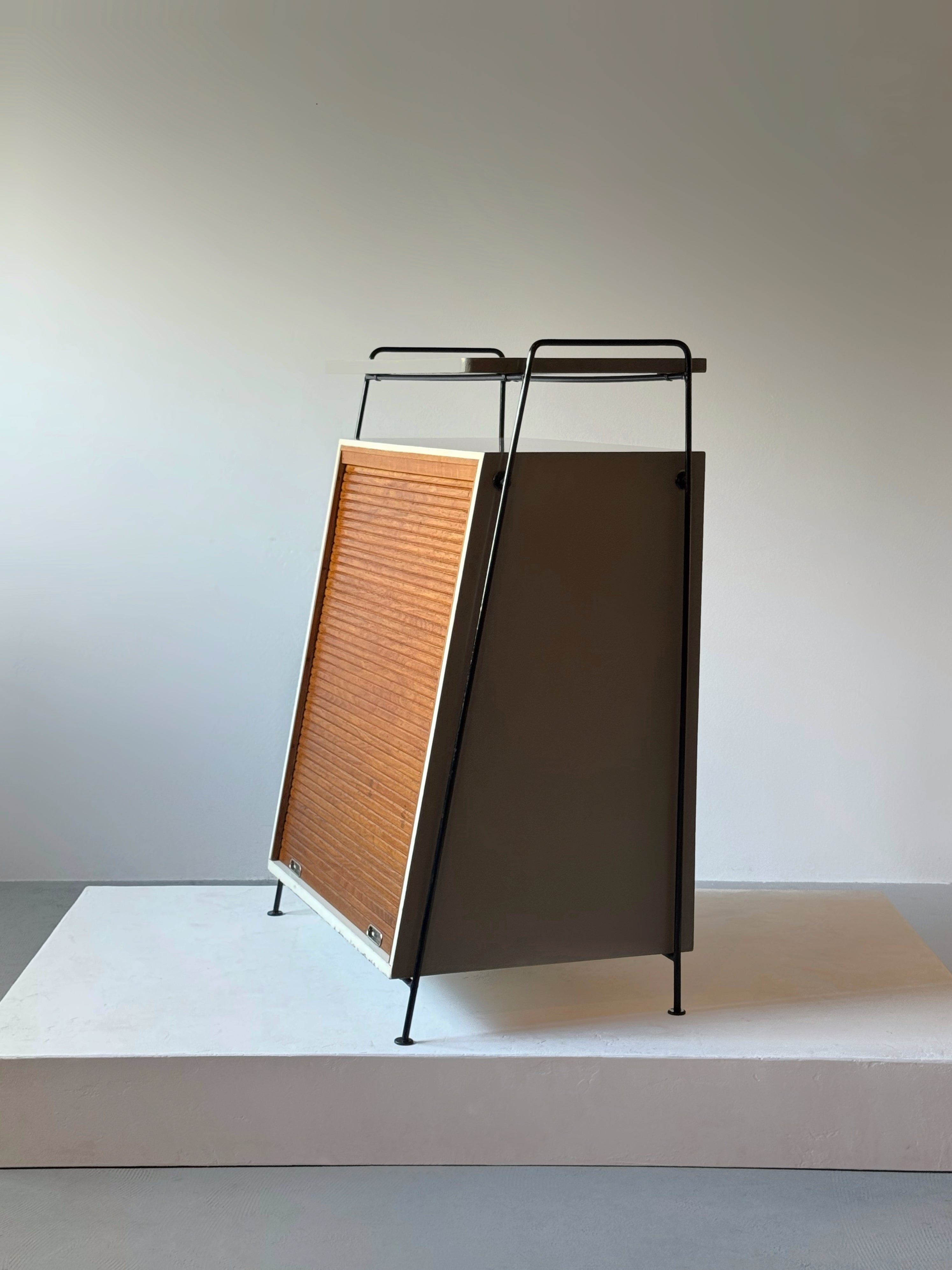 Mid century record storage cabinet with tambour door