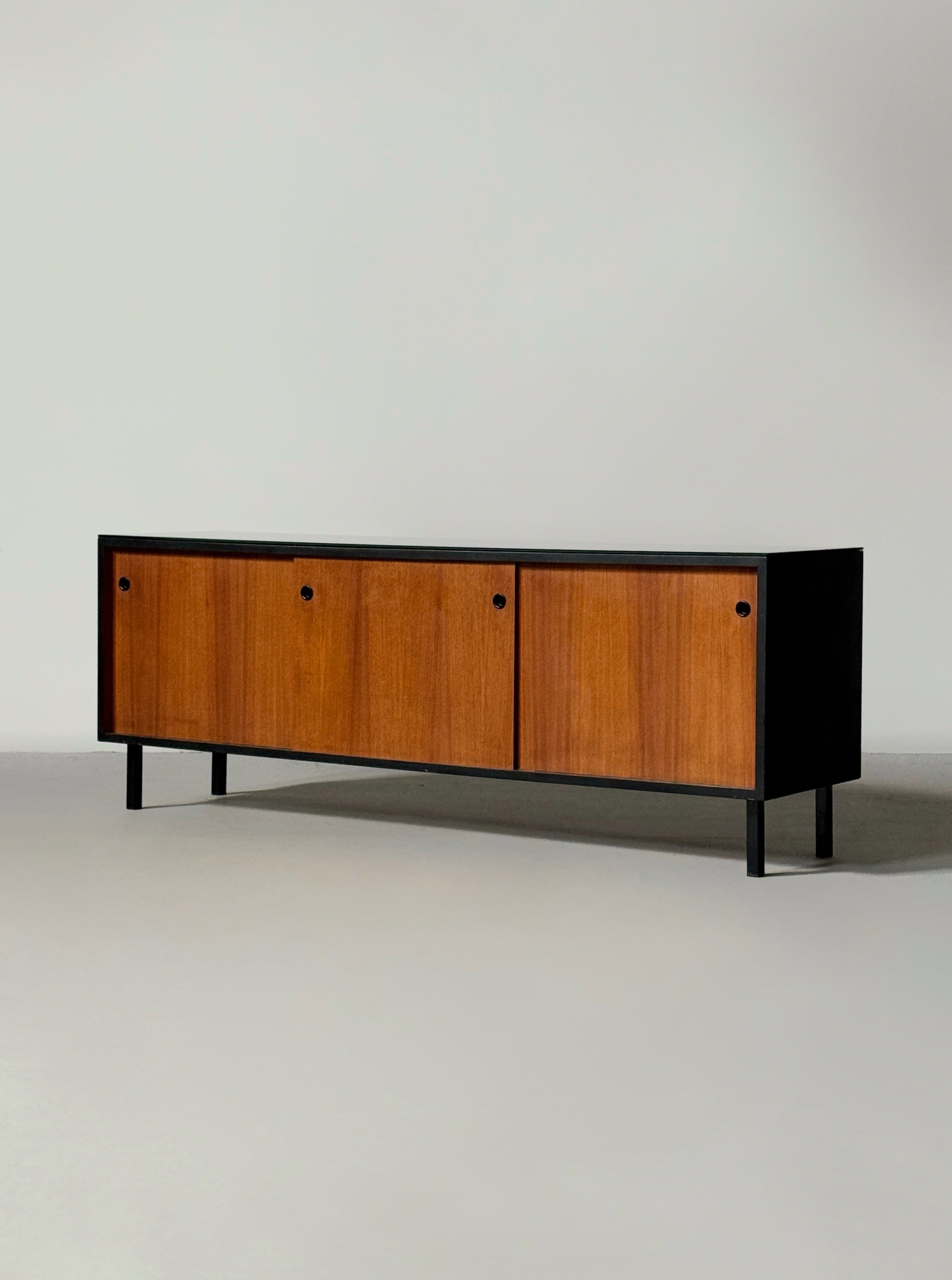 Mid-century French sideboard in teak and black glass top