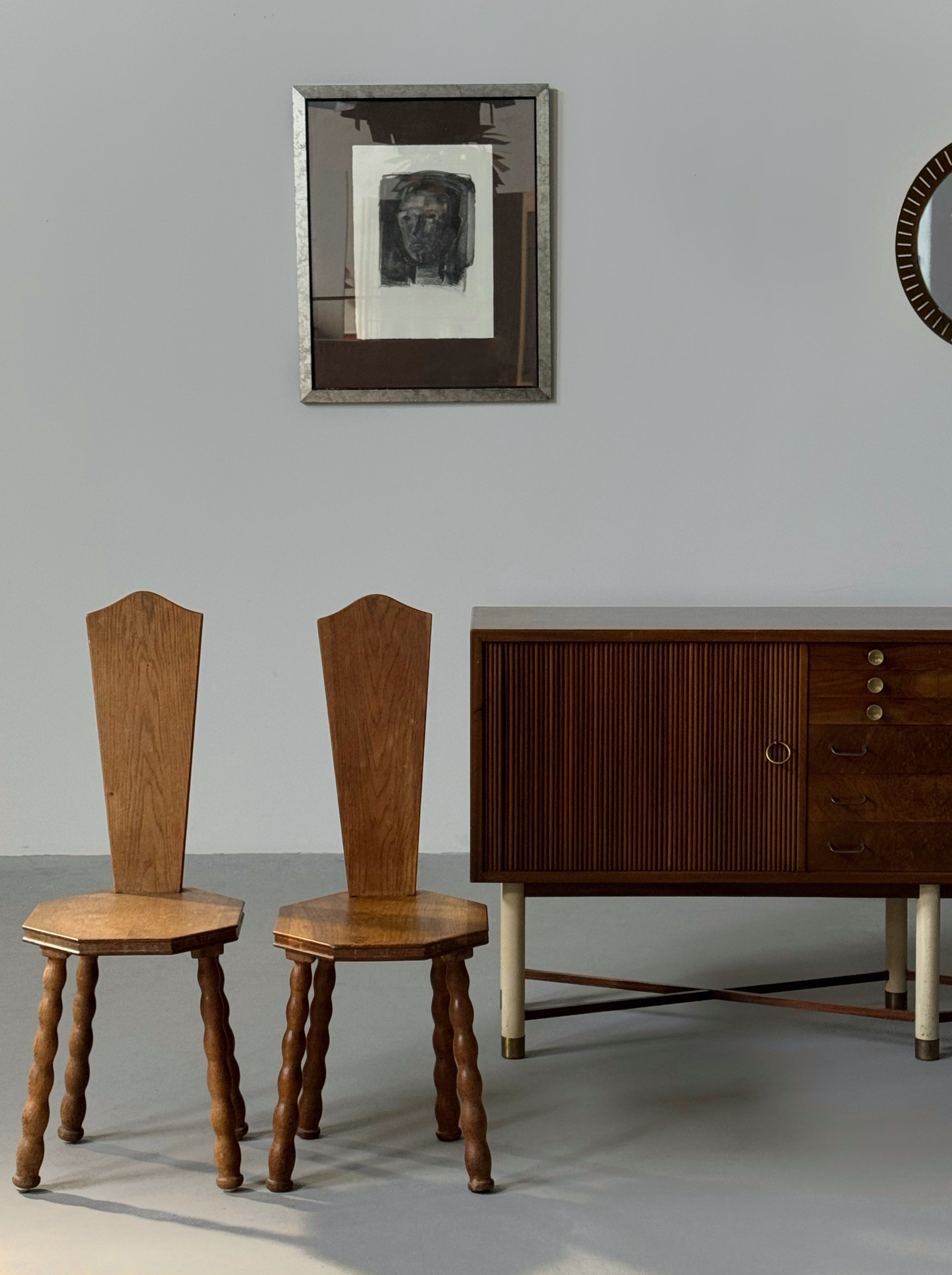 Sculptural Patinated Oak Spinning Chairs, Early 20th Century