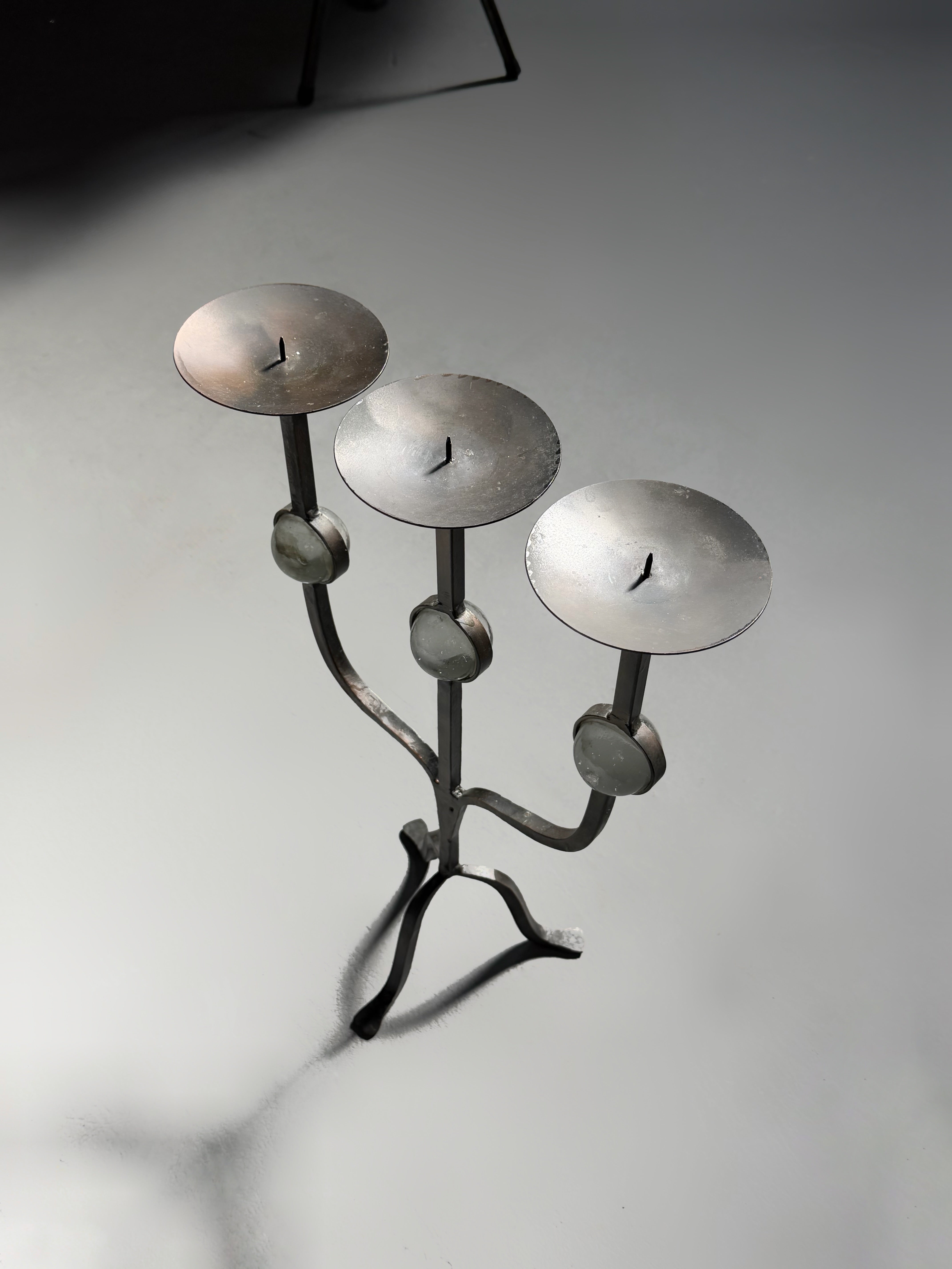Three-Arm Wrought Iron Candle Holder with Glass Accents, 1950s