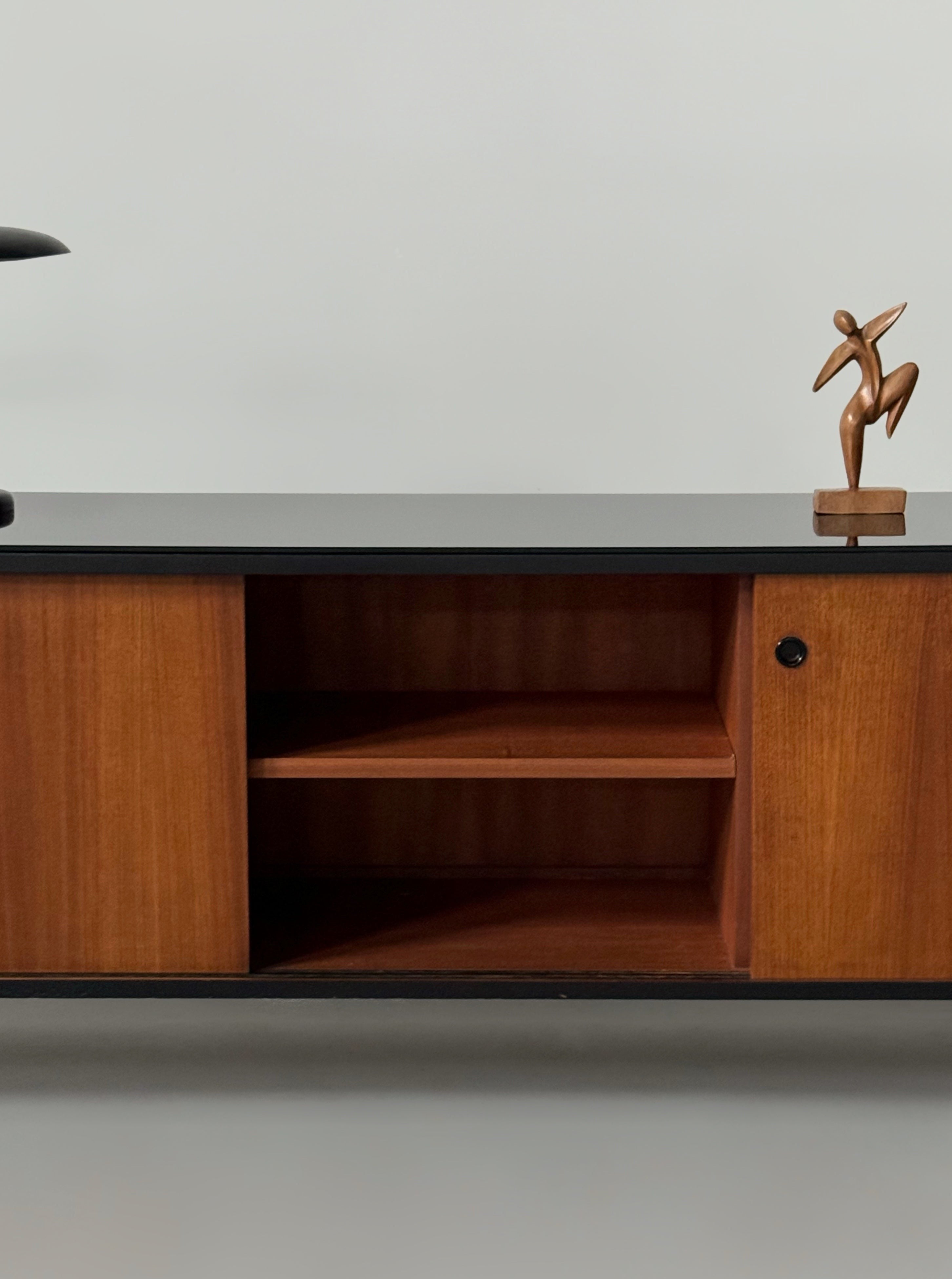 Mid-century French sideboard in teak and black glass top