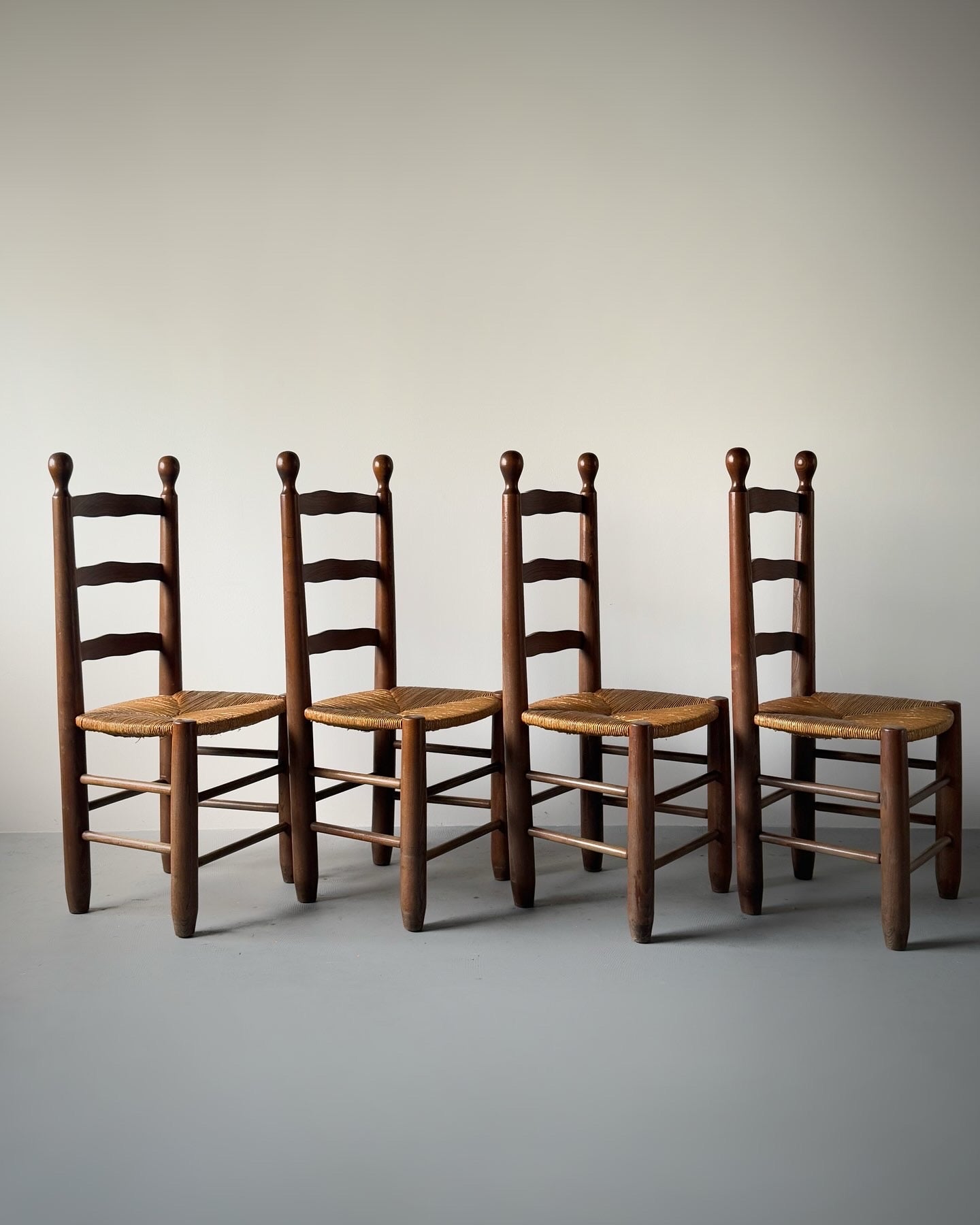 Set of 4 Rush and Oak Dining Chairs, French 1950s