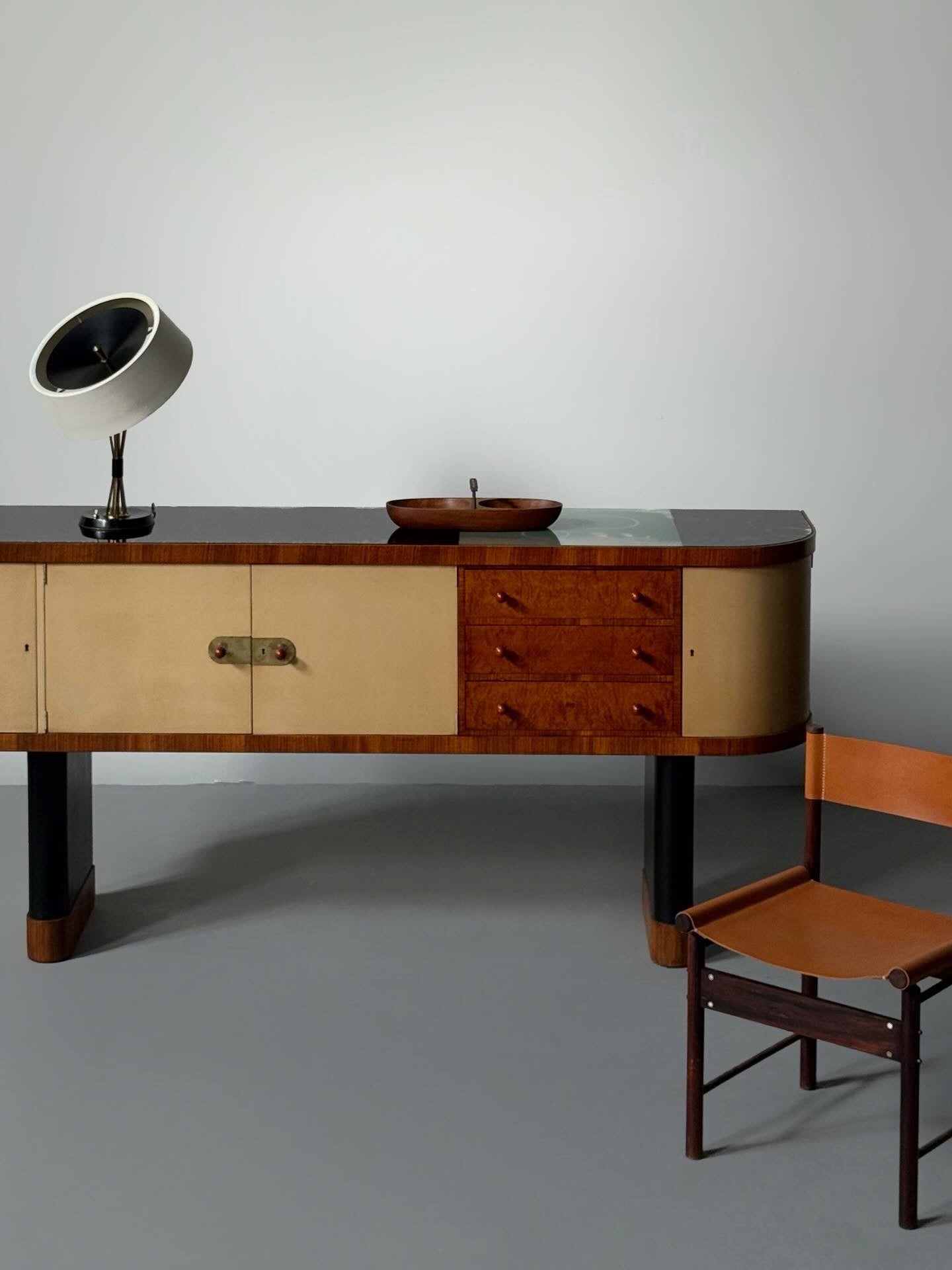 Torkov / unique Zebrano Sideboard on two black lacquered, oval pillar-legs, Denmark