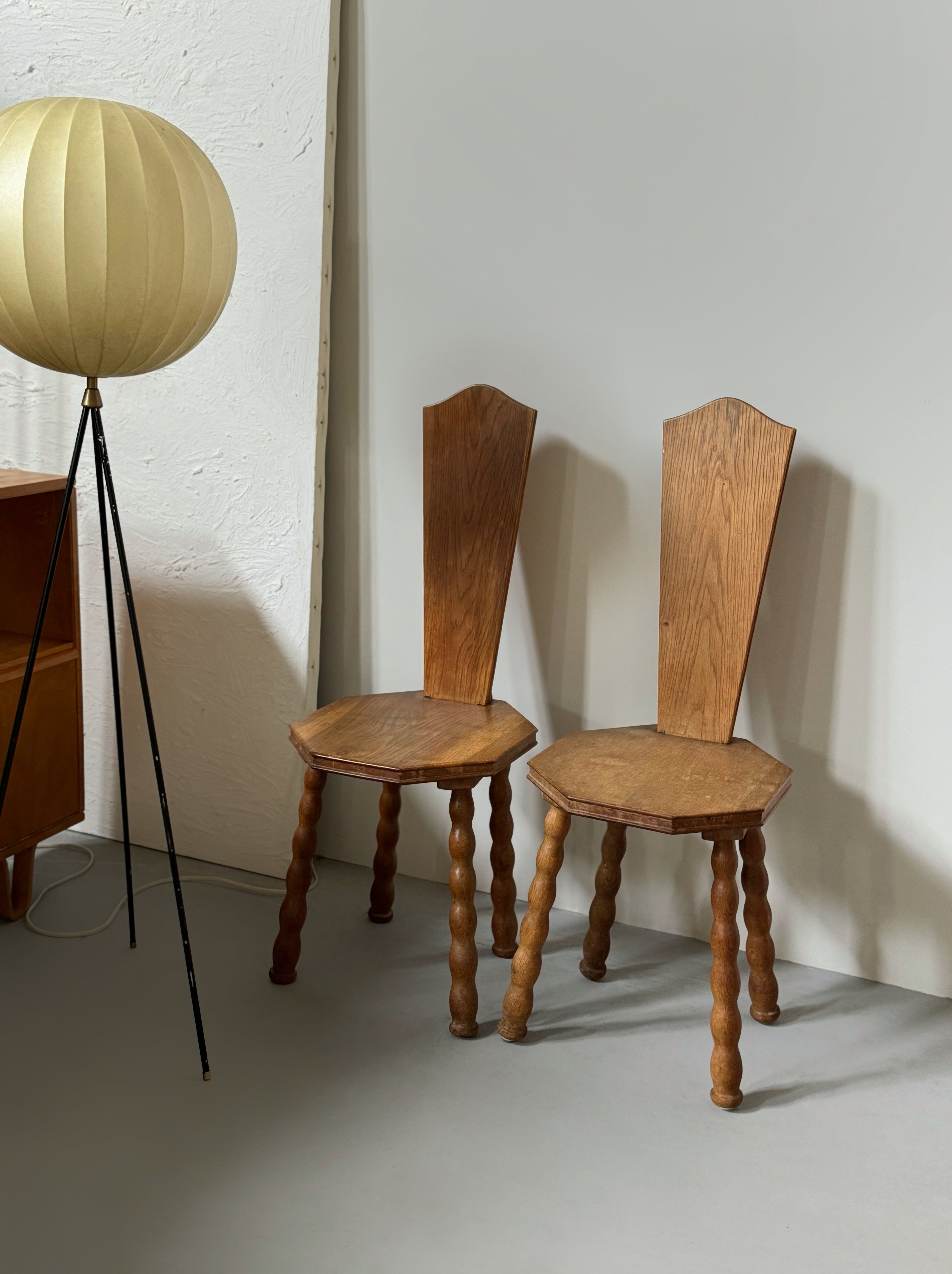 Sculptural Patinated Oak Spinning Chairs, Early 20th Century