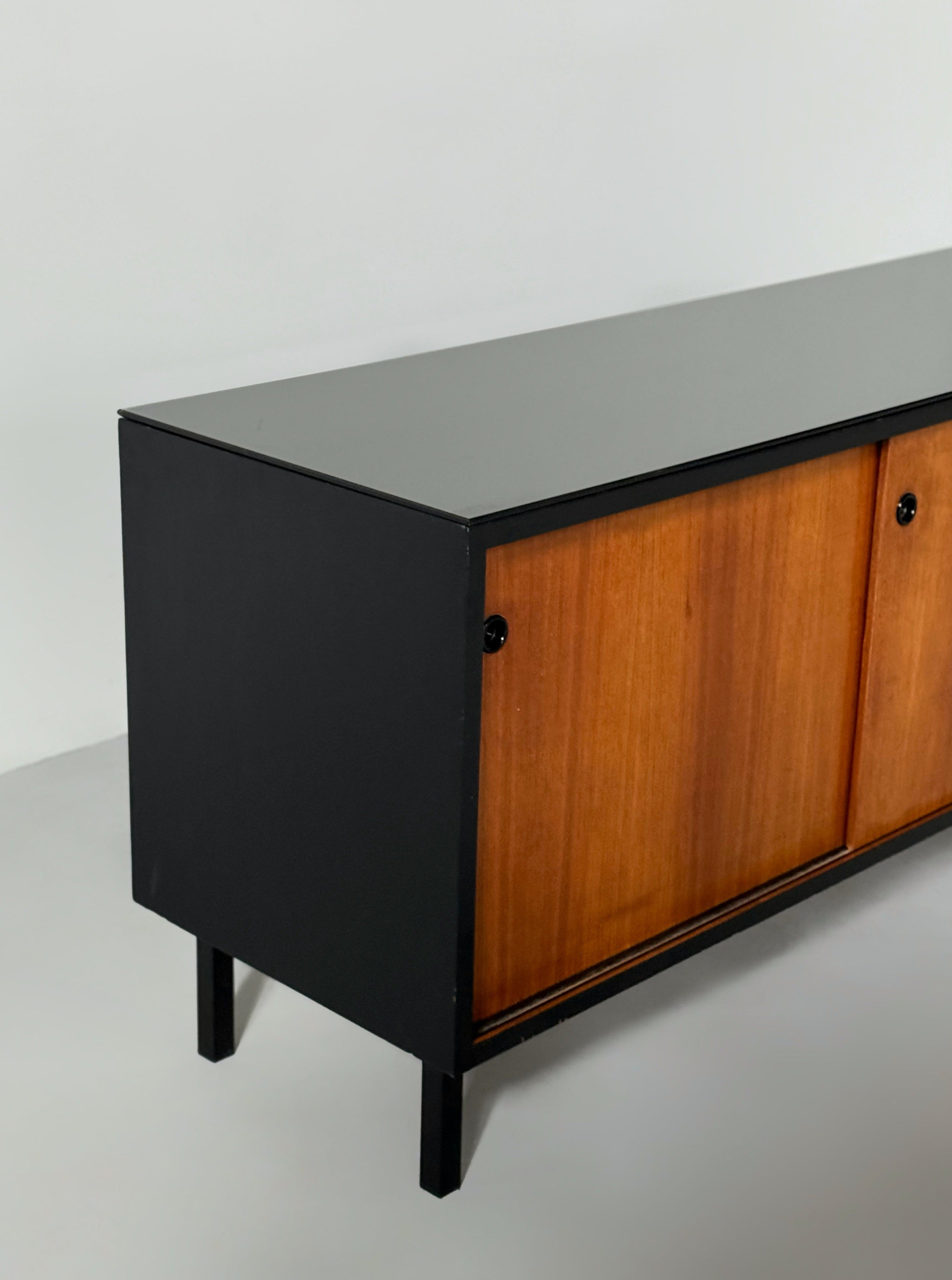 Mid-century French sideboard in teak and black glass top