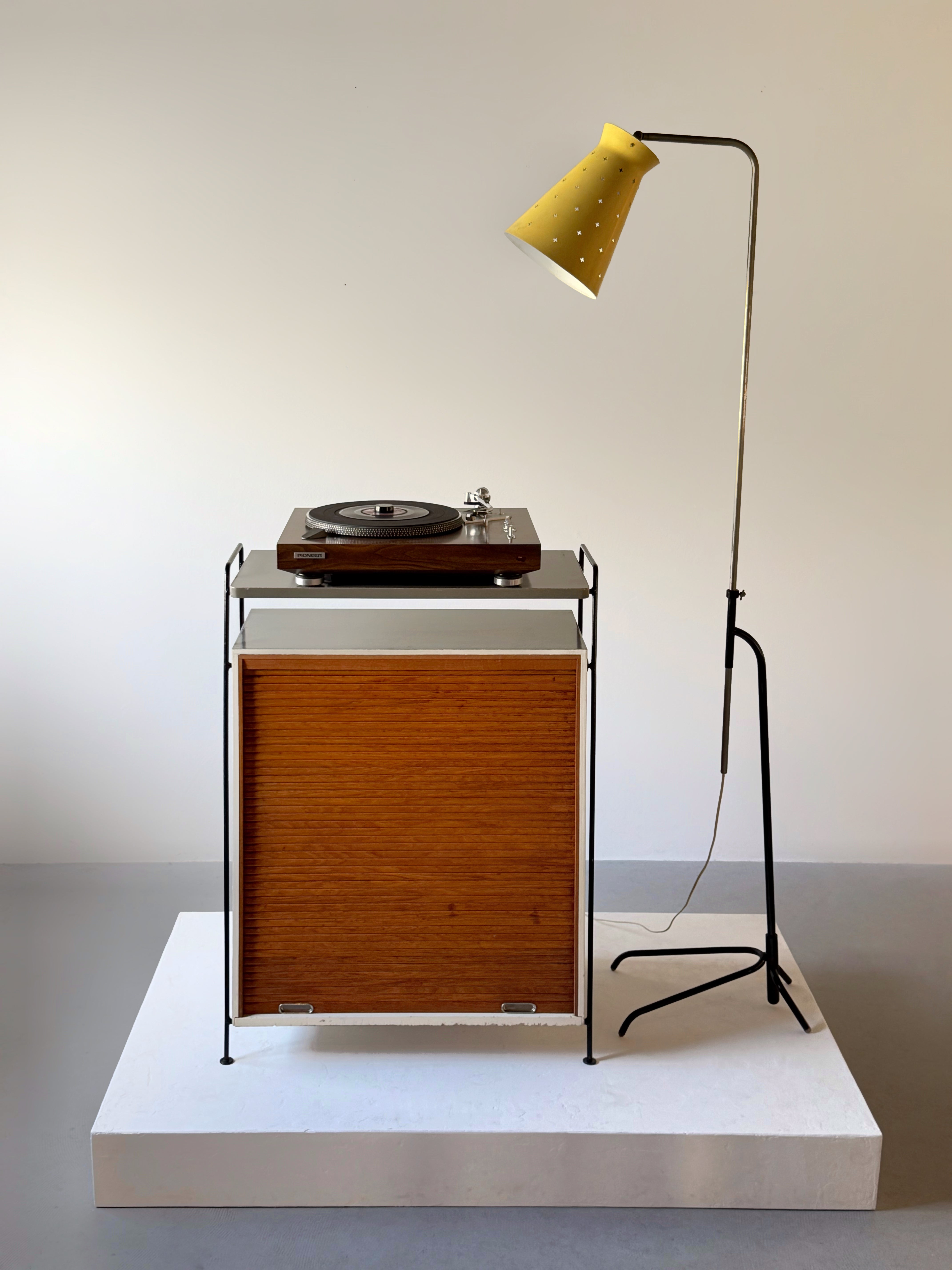 Mid century record storage cabinet with tambour door