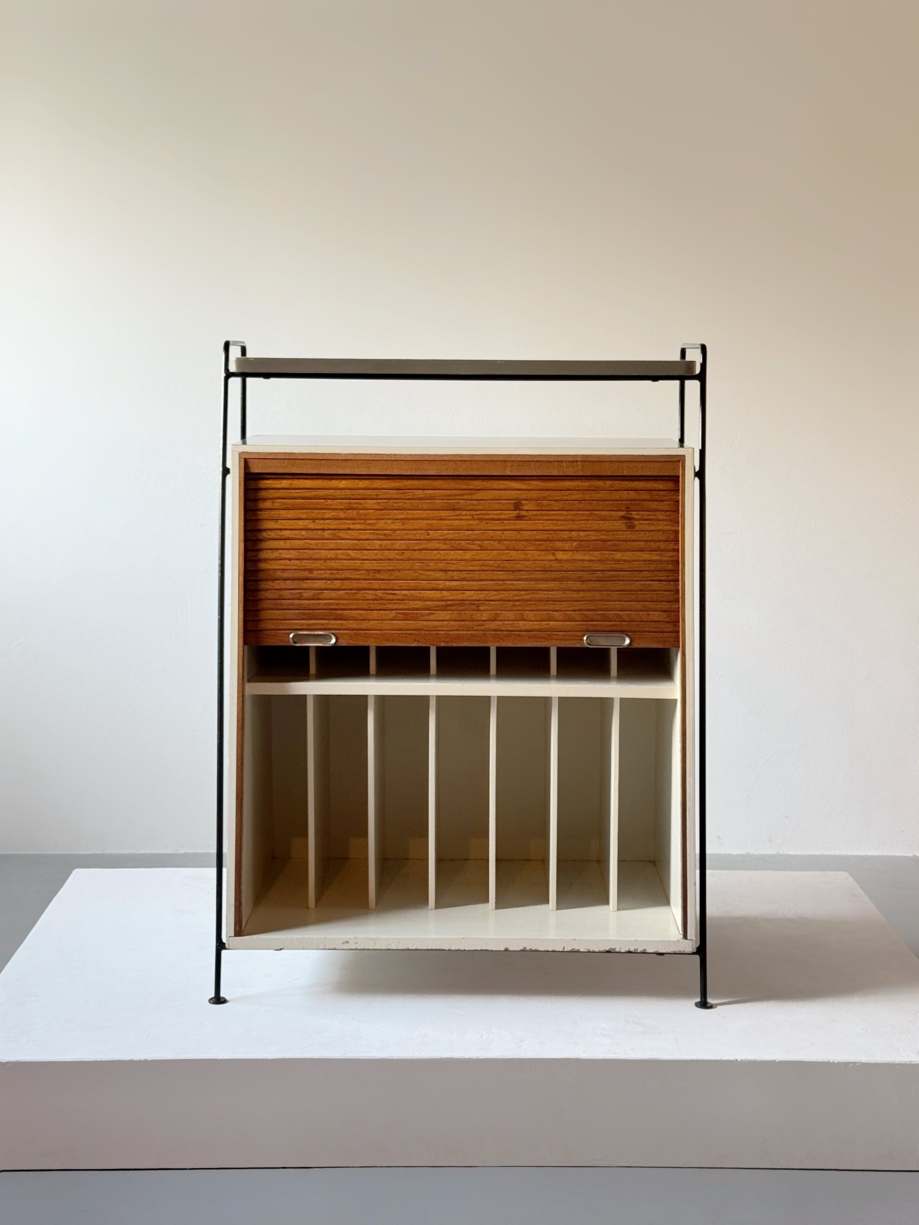 Mid century record storage cabinet with tambour door