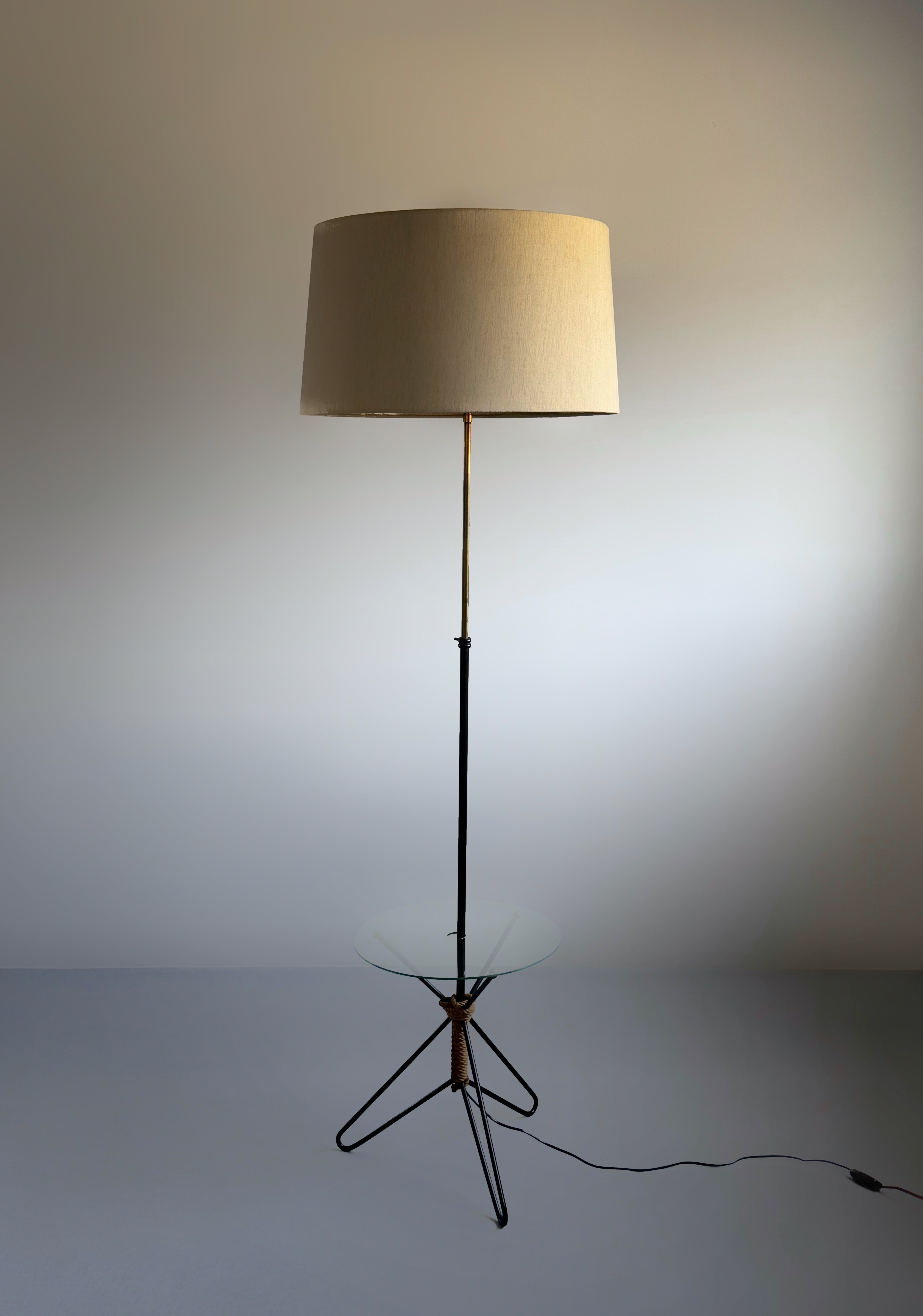 Tripod floor lamp with glass table and rope, France 1950's
