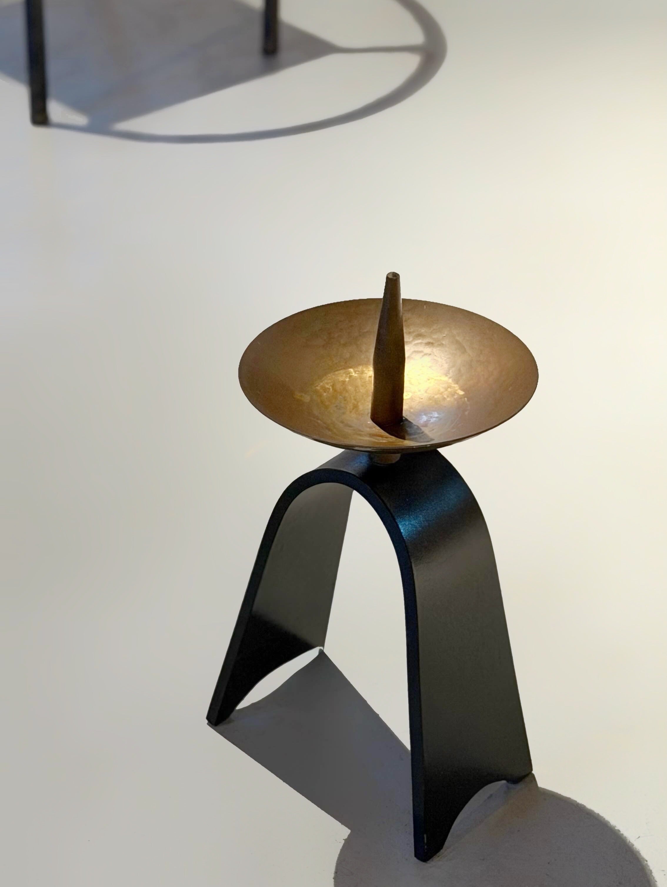 Sculptural Candle Holder in Black Metal and Brass, 1950s
