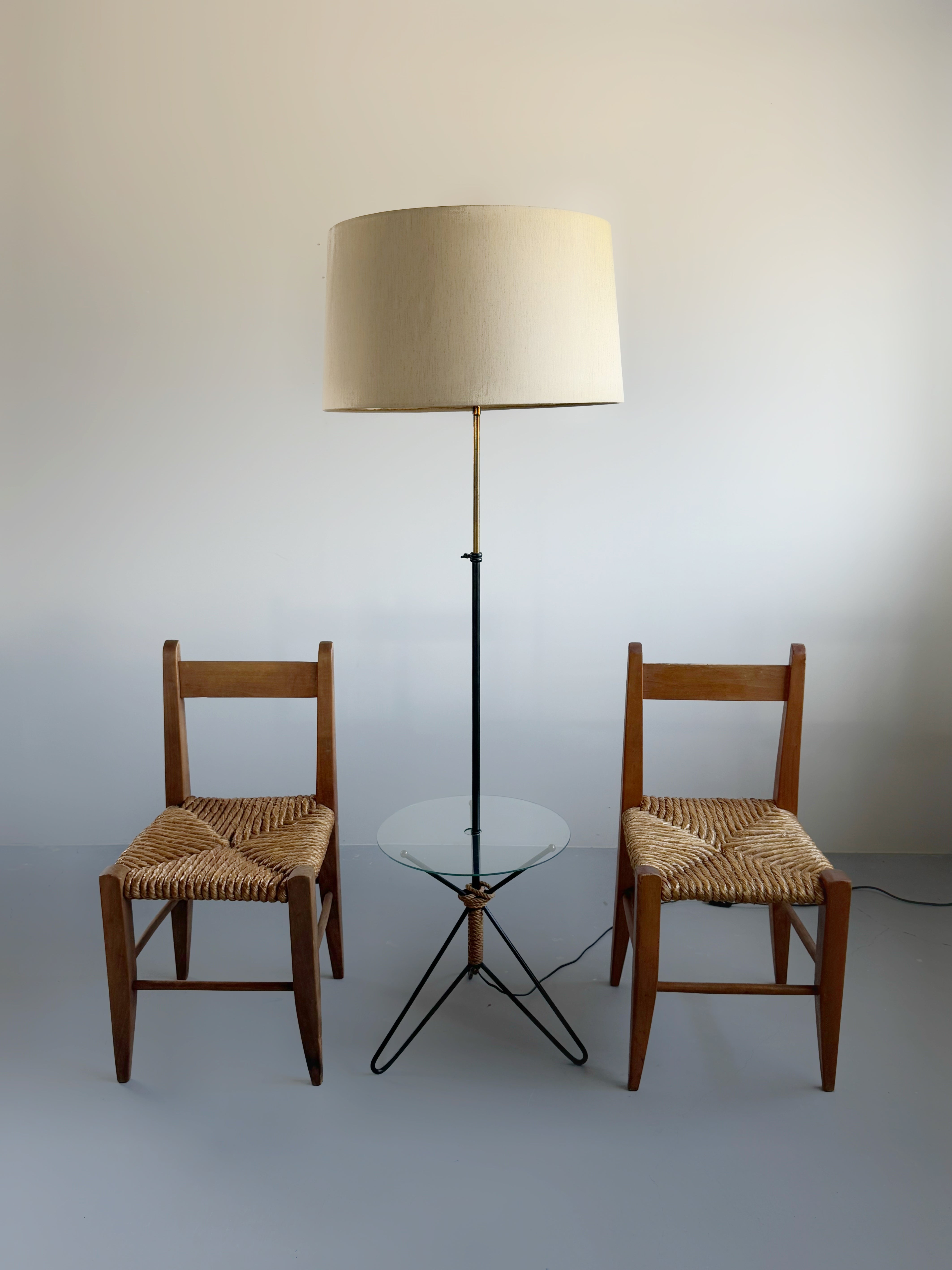 Tripod floor lamp with glass table and rope, France 1950's