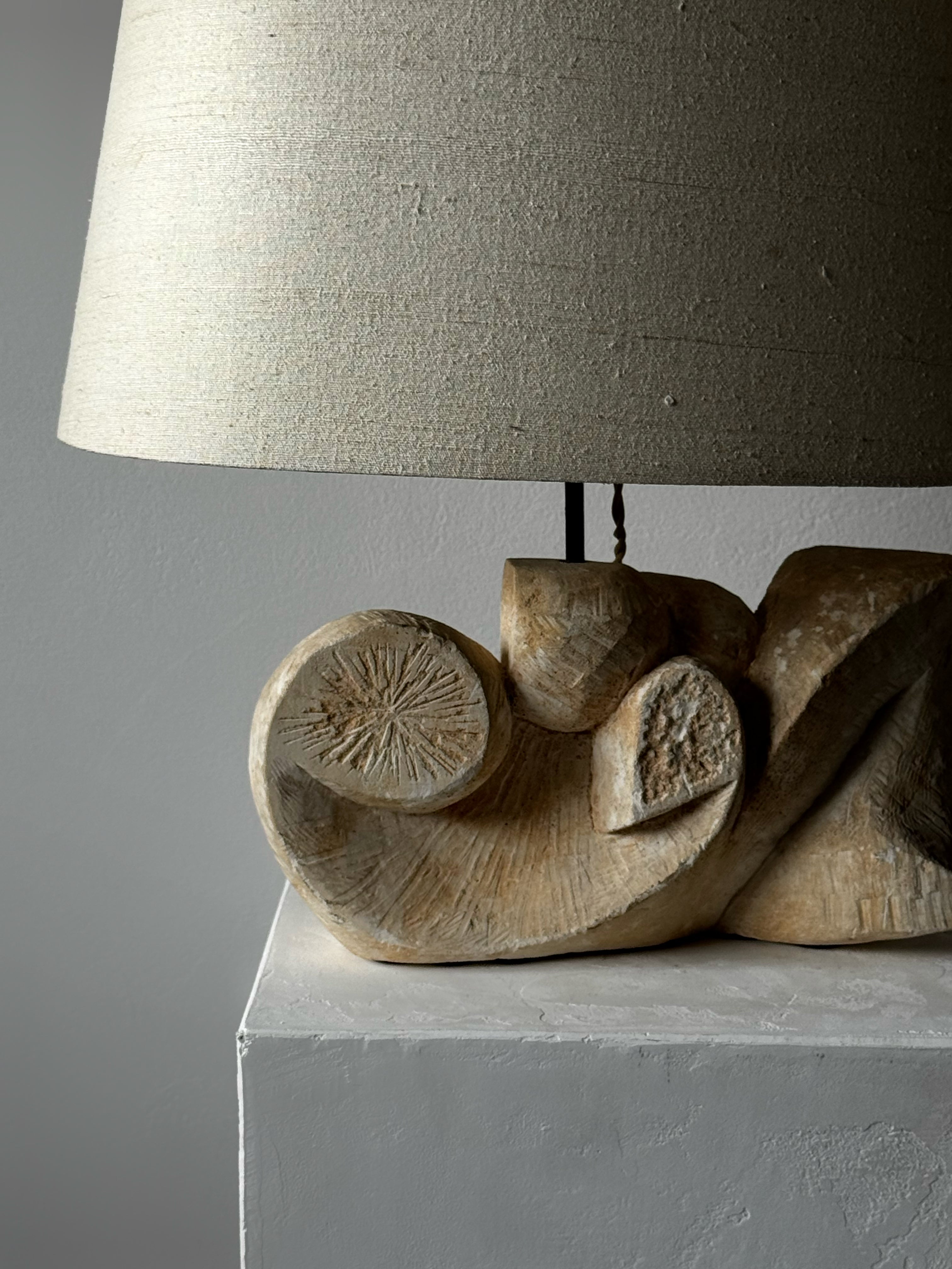 Unique plaster lamp with silk shade, France 1950s