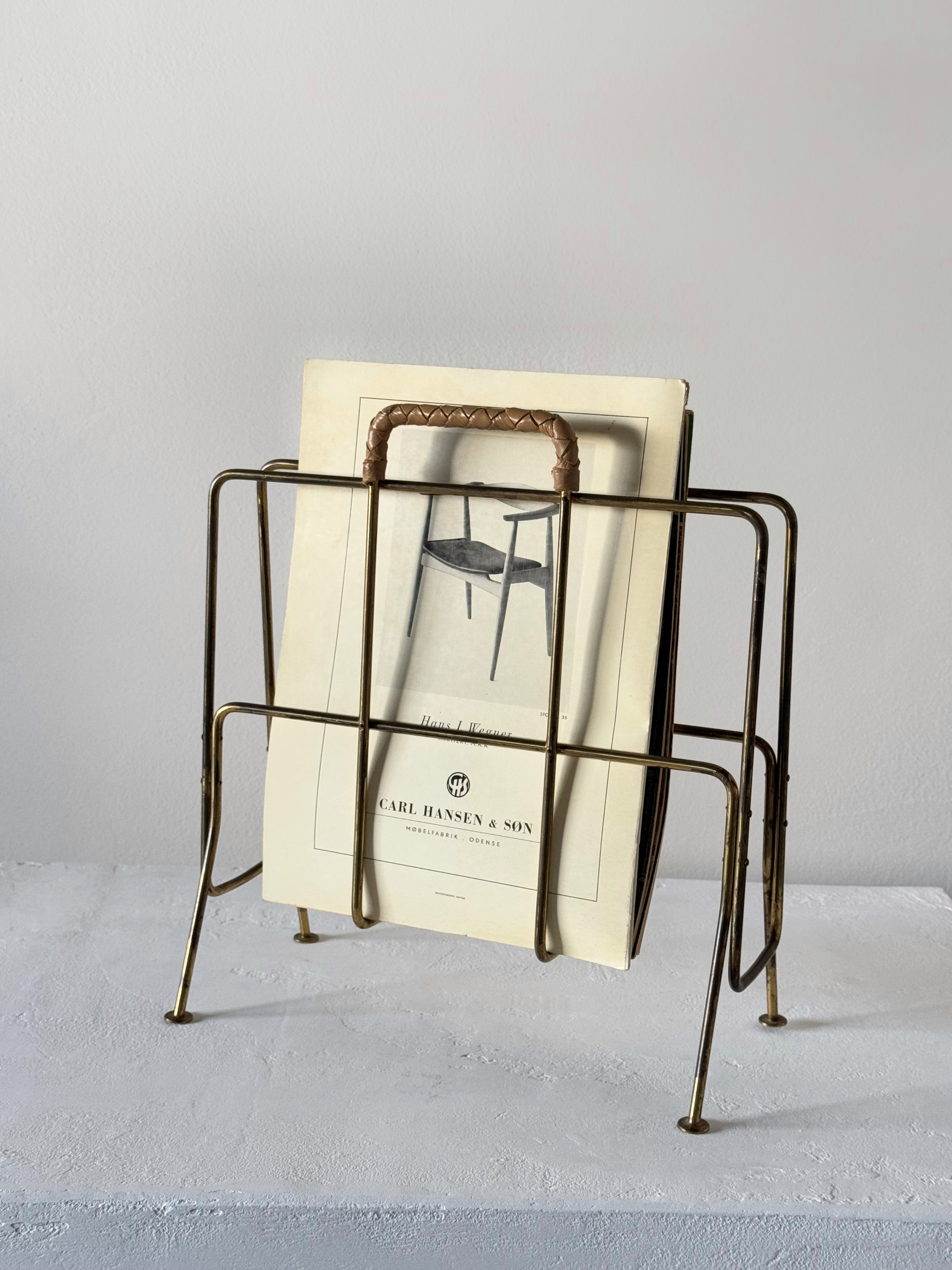 Vintage Brass Magazine Rack with Leather Handle by illumsbohus 1960s