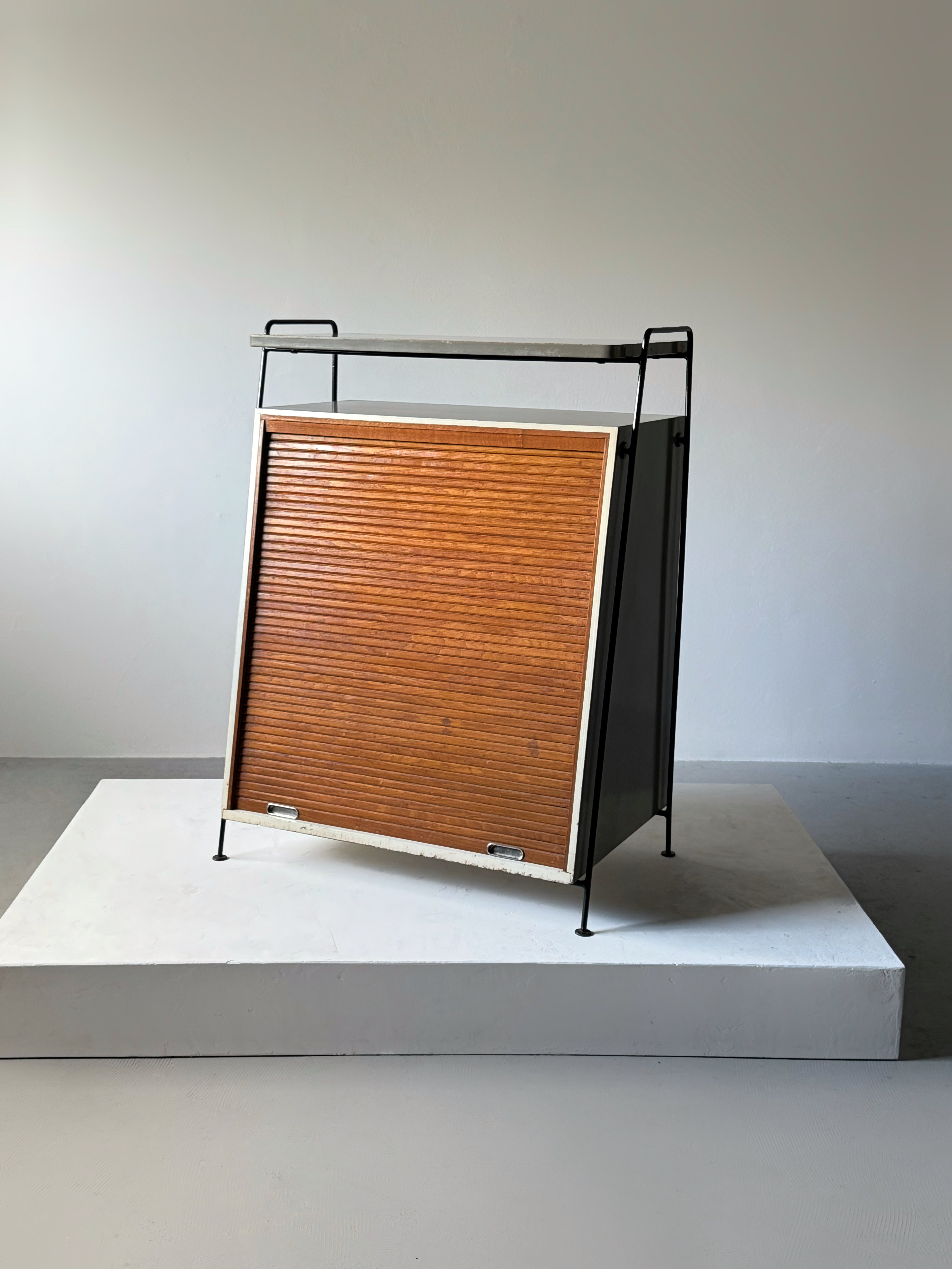 Mid century record storage cabinet with tambour door