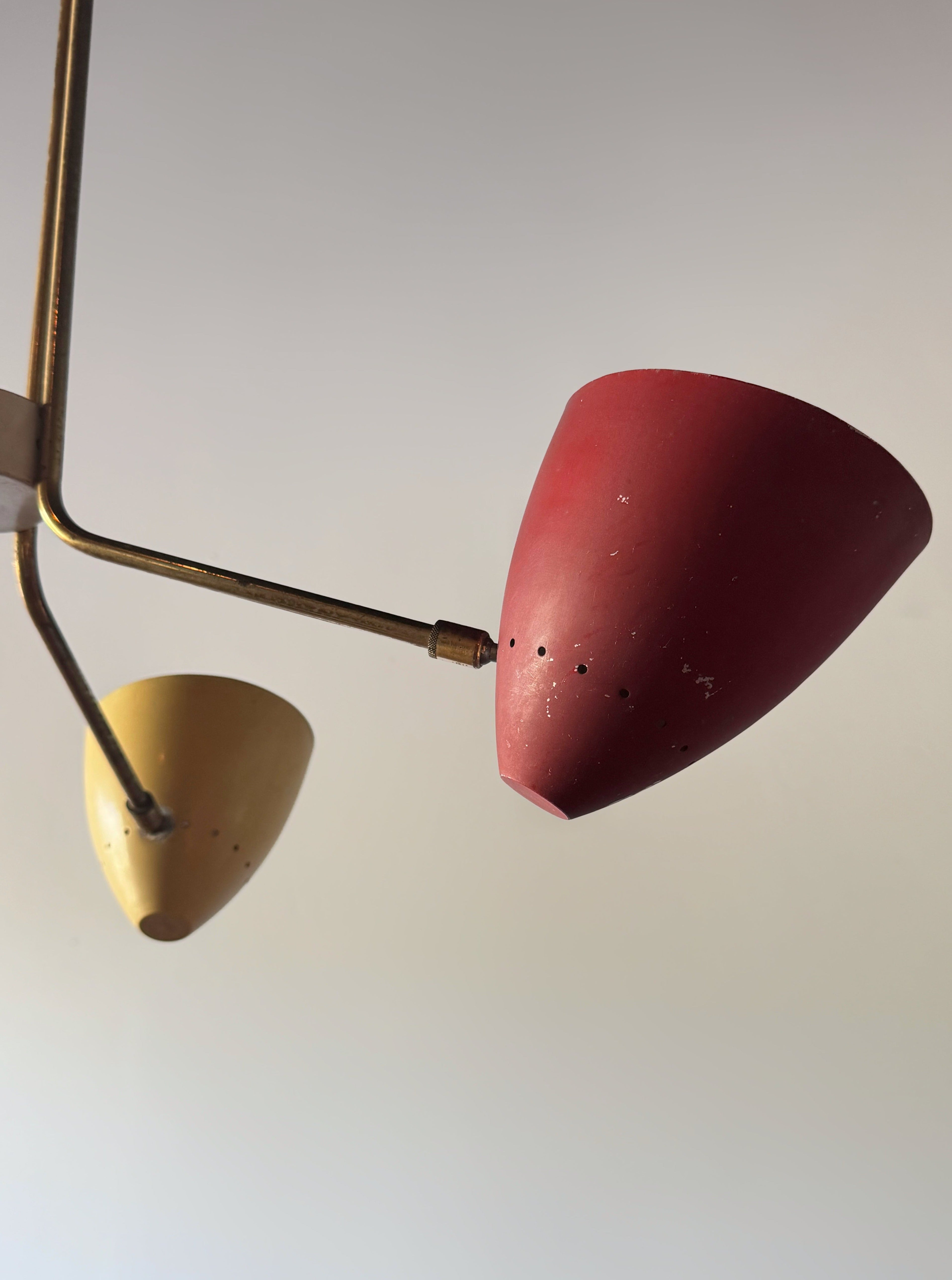Italian Brass Chandelier with four Colorful Shades, 1950s