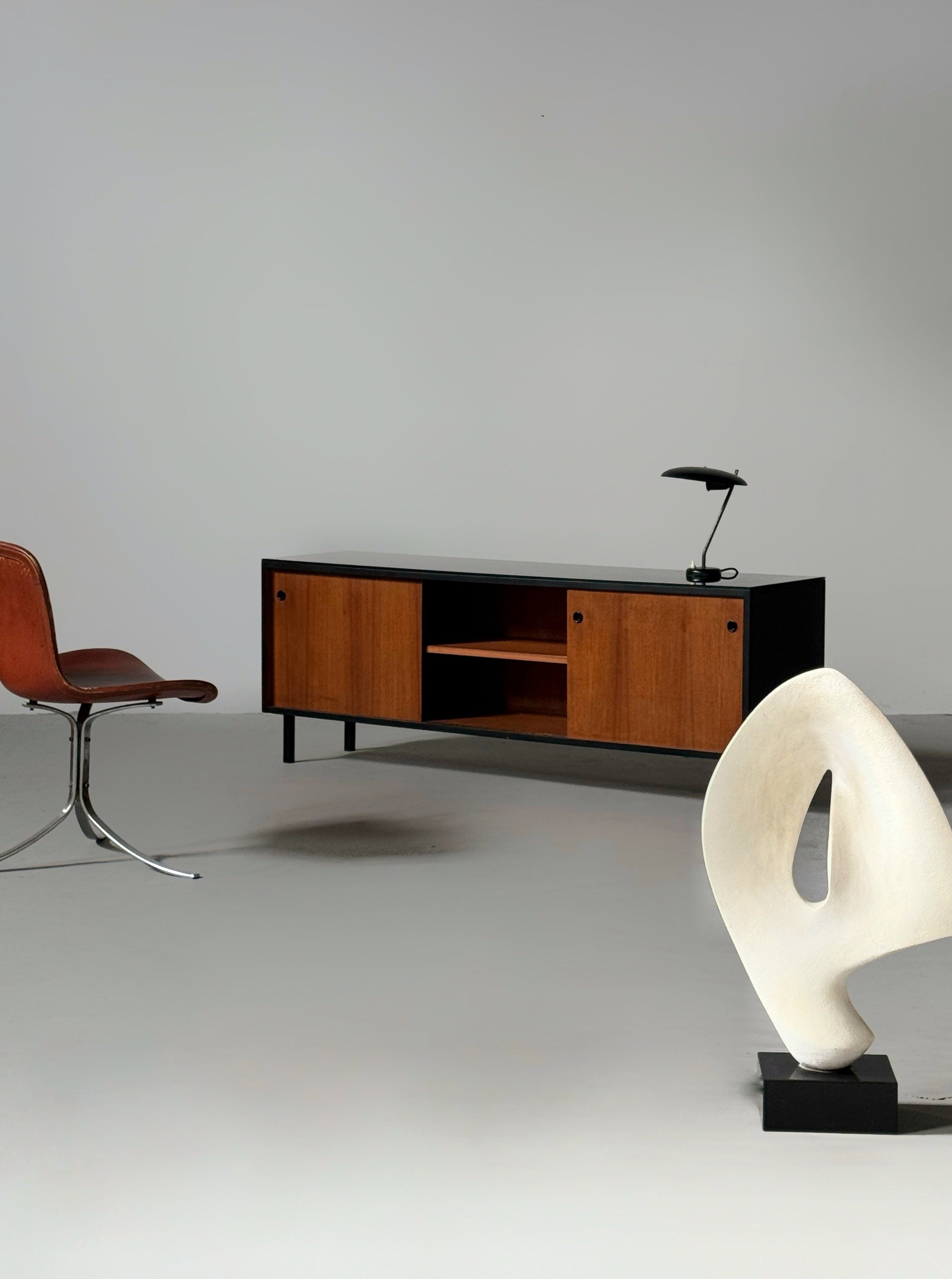 Mid-century French sideboard in teak and black glass top