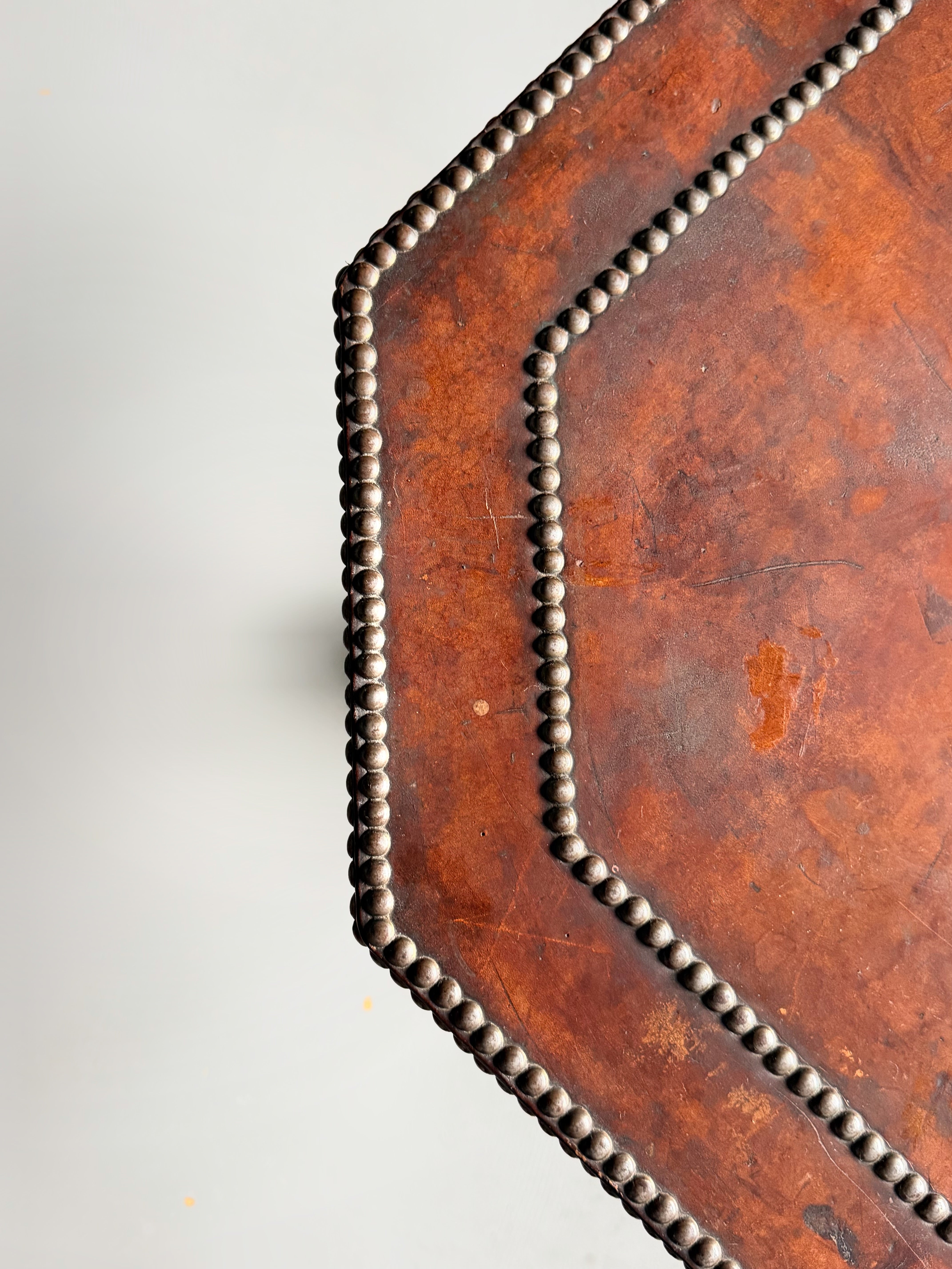 French Art Deco Studded Leather Bound Octagonal Side Table, 1920s