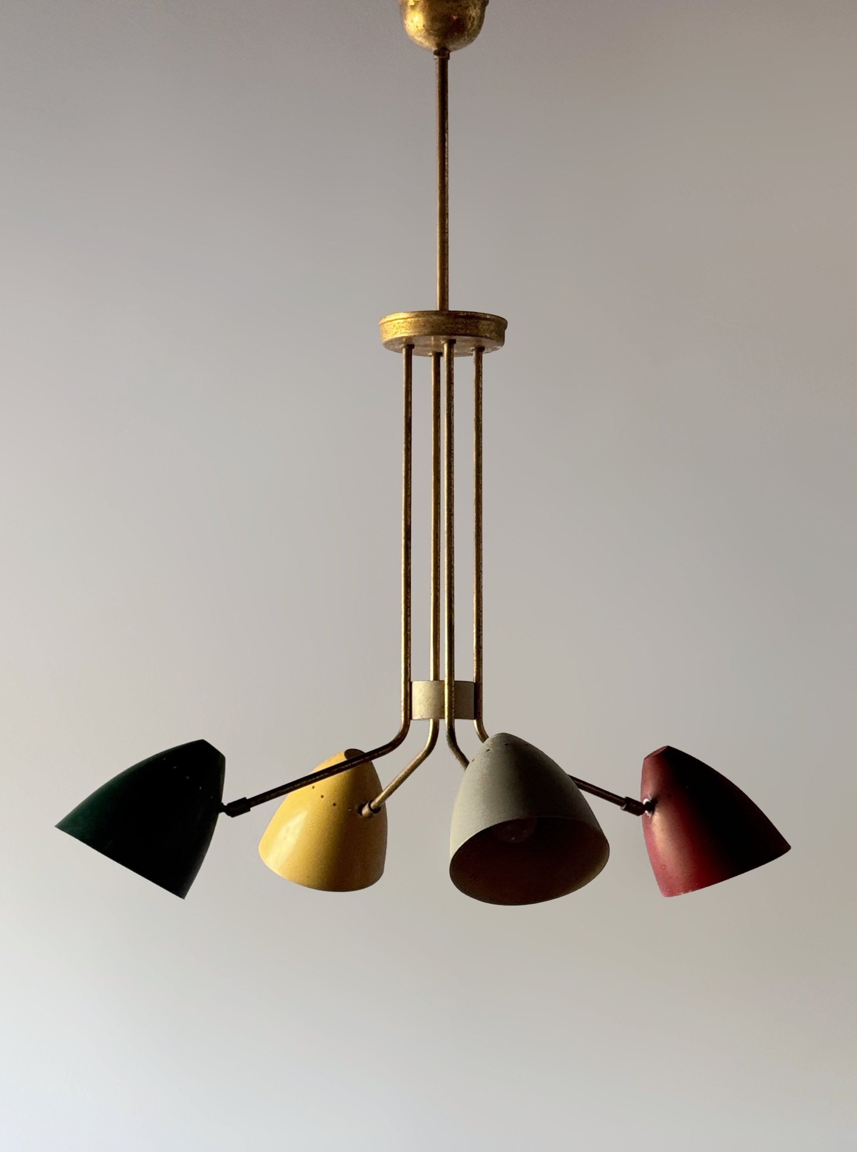 Italian Brass Chandelier with four Colorful Shades, 1950s