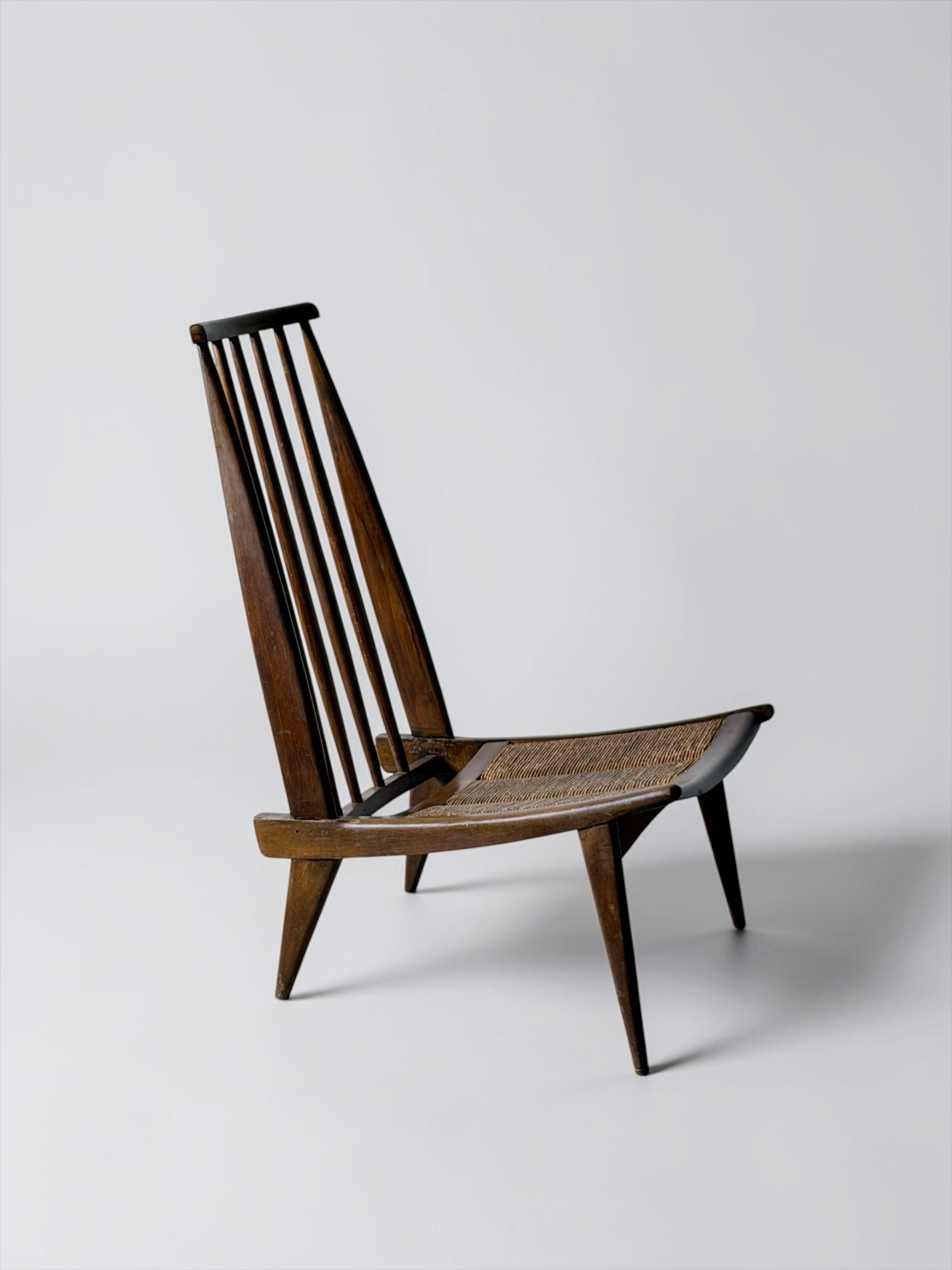 Sculptural High-Back Lounge Chair in Wood and Woven Cane, 1950s