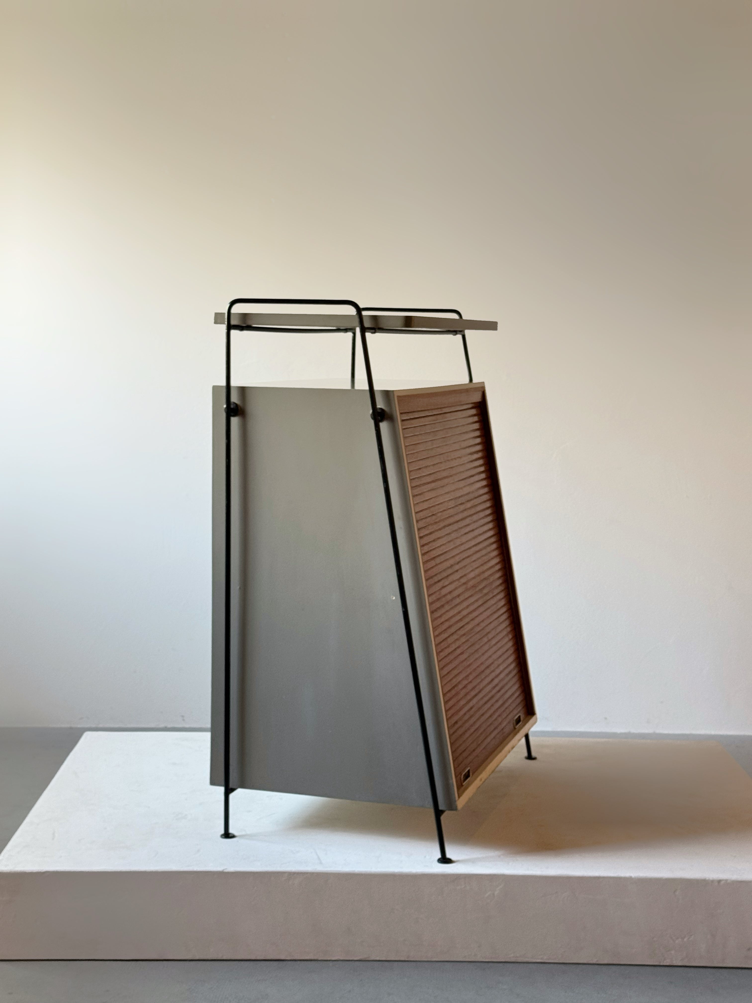 Mid century record storage cabinet with tambour door