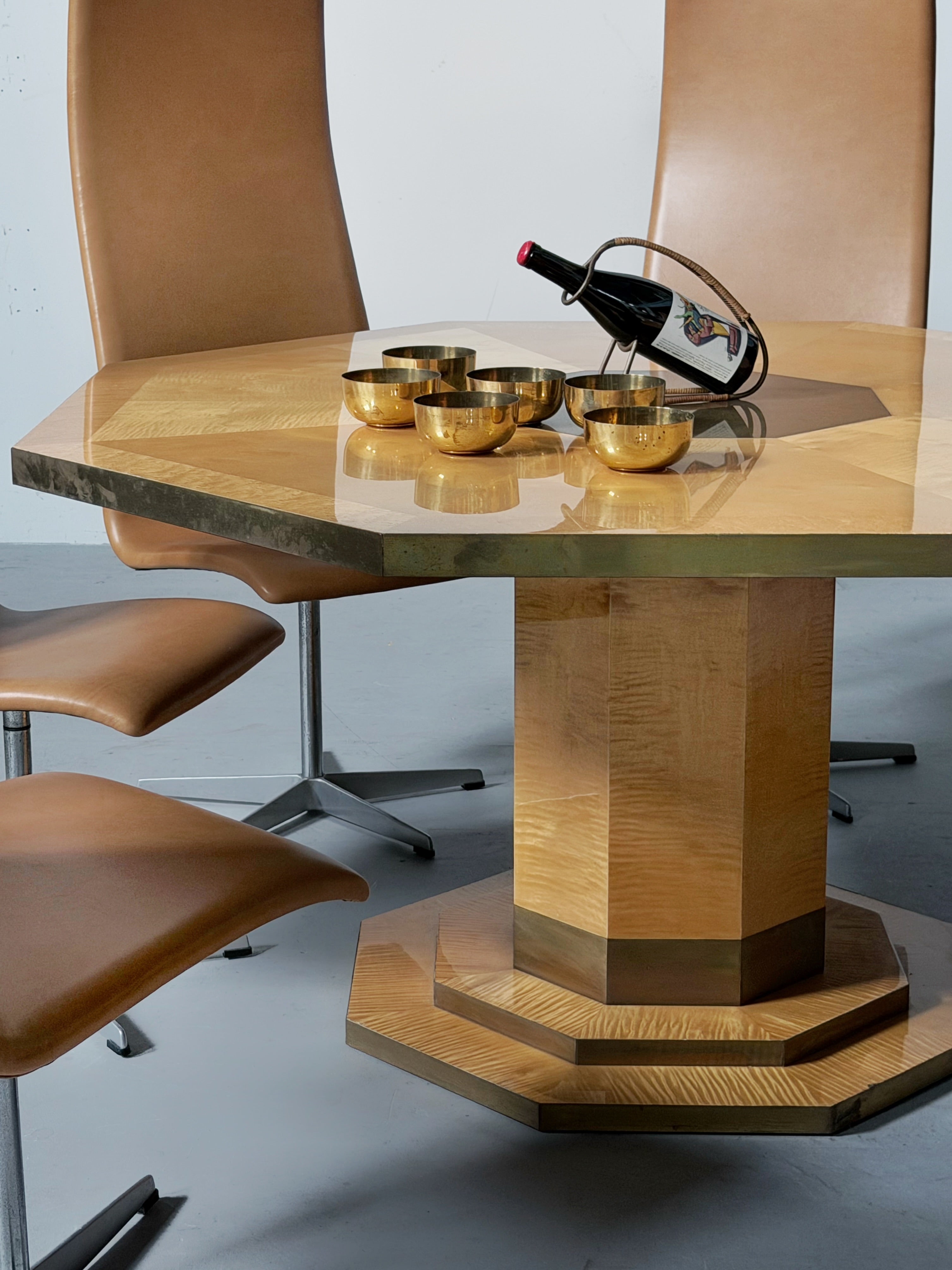 Lacquered Elm Burl and Brass Dining Table by Jean Claude Mahey for Maison Roméo, France, 1970s