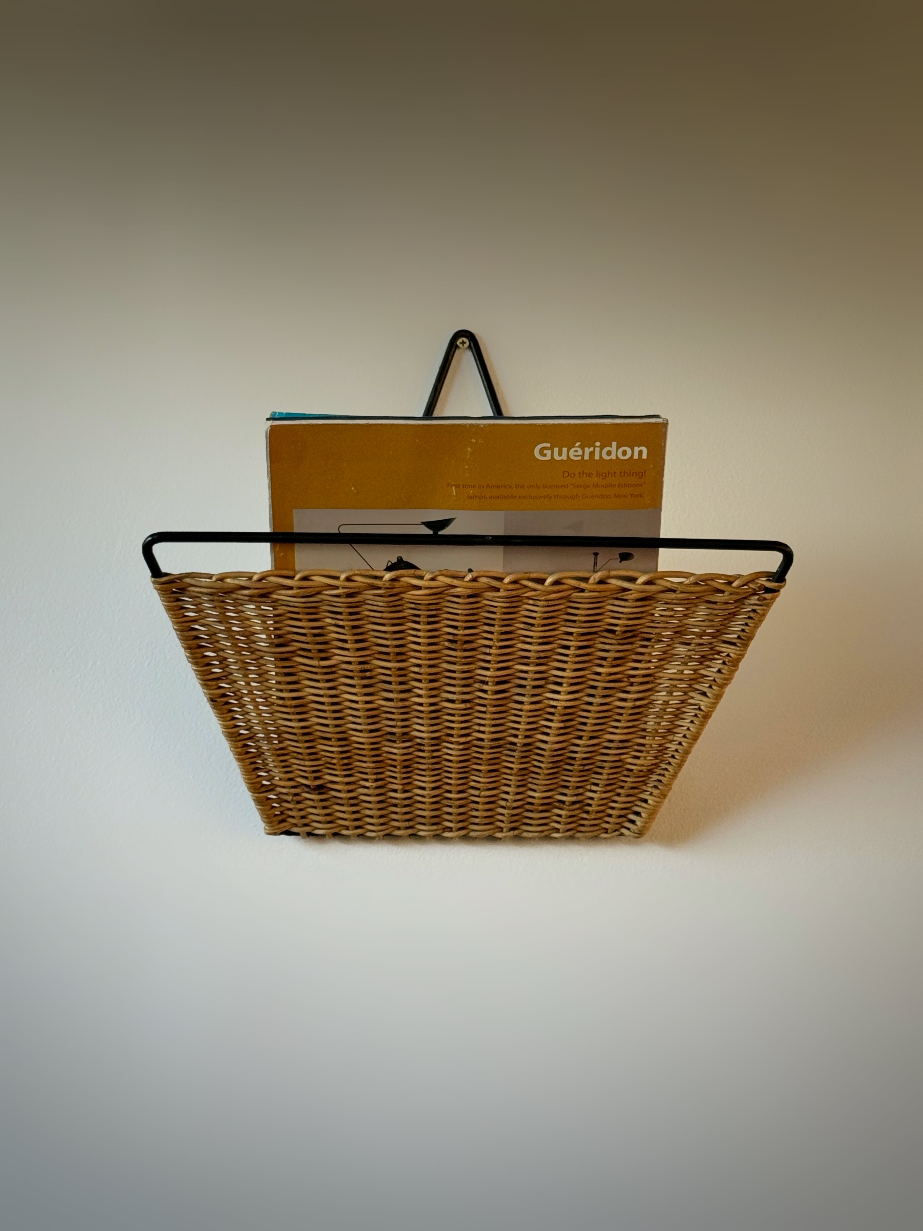 French Wicker and Iron Wall Magazine Rack