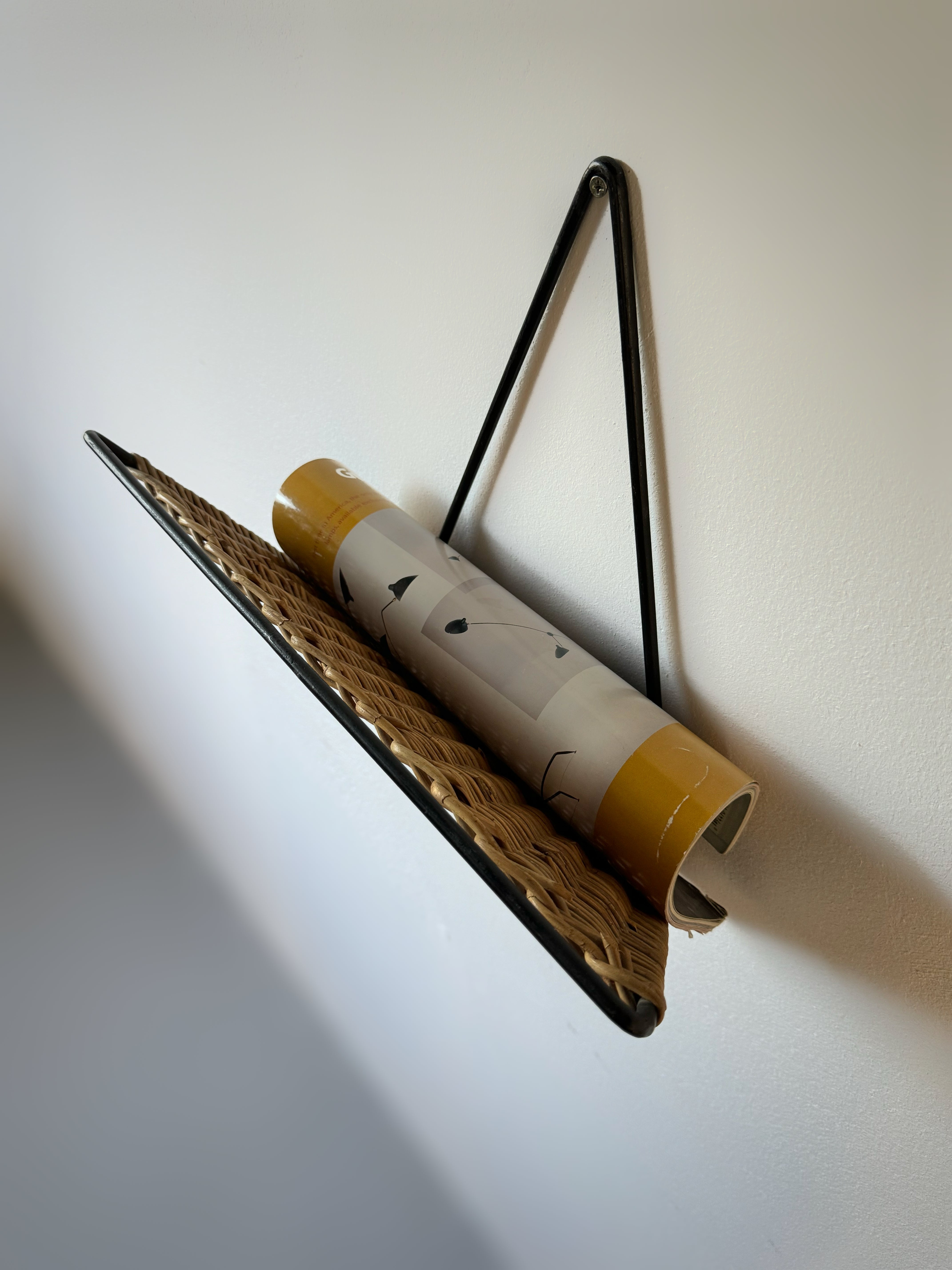 French Wicker and Iron Wall Magazine Rack