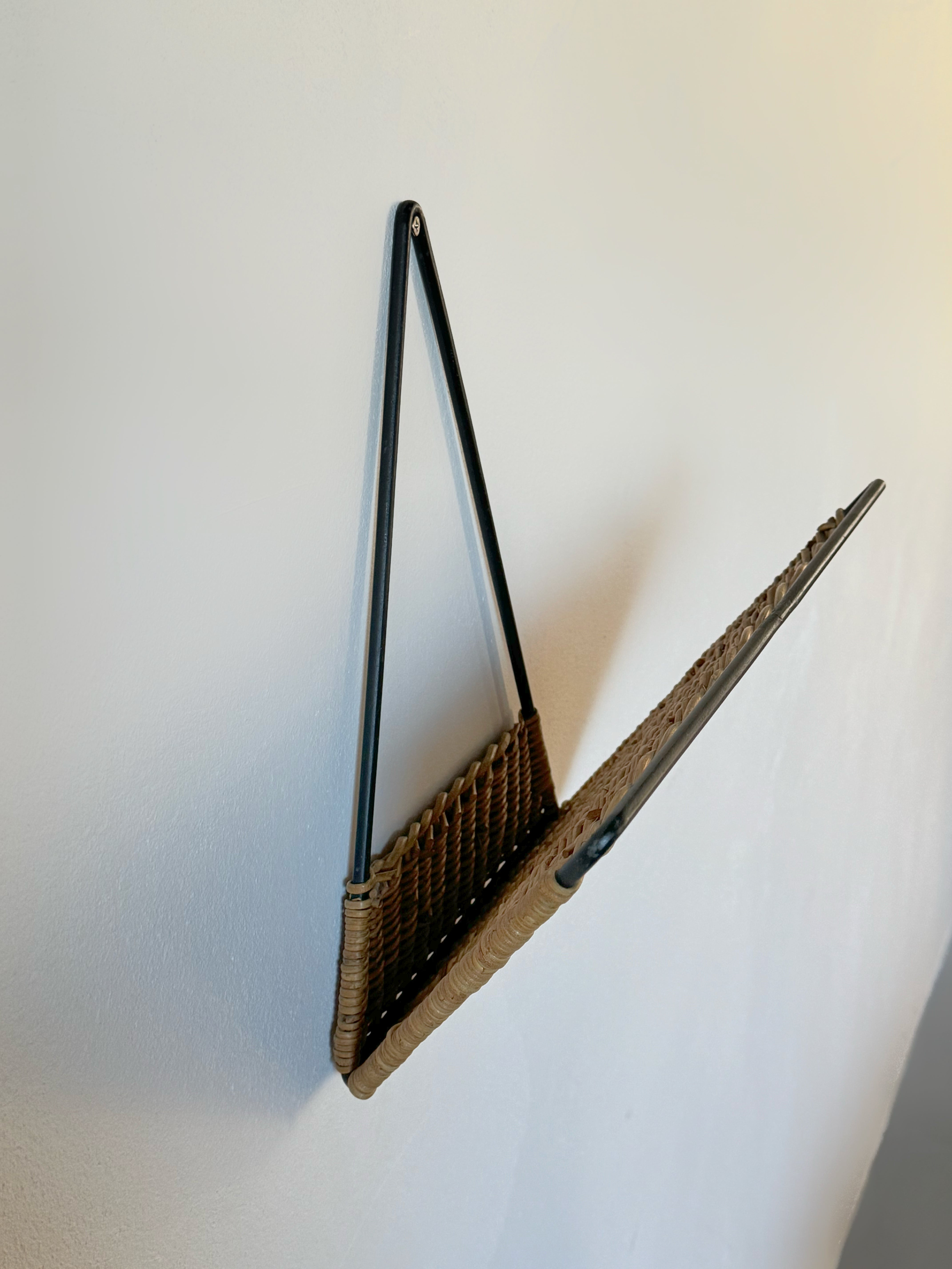 French Wicker and Iron Wall Magazine Rack