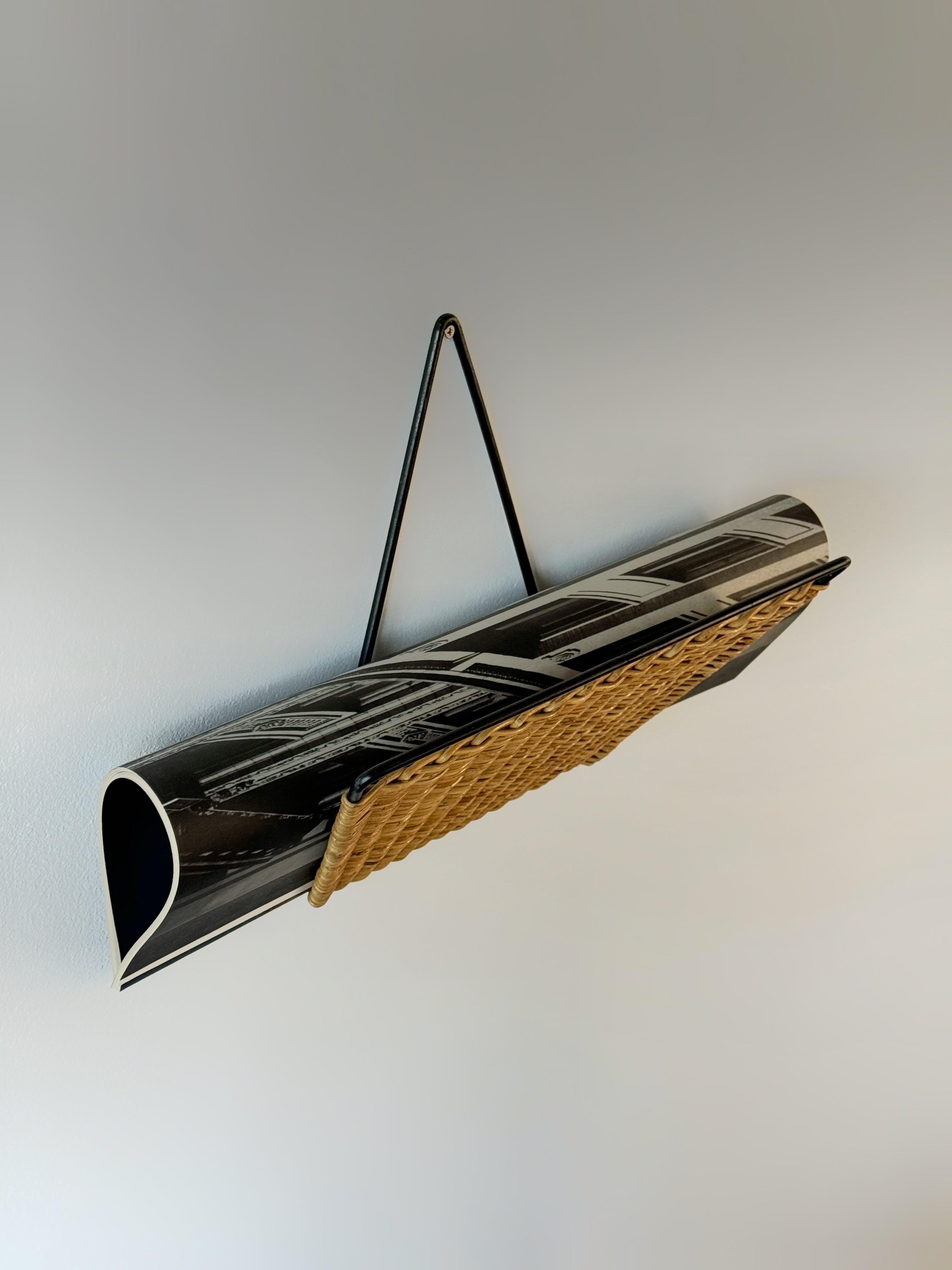 French Wicker and Iron Wall Magazine Rack