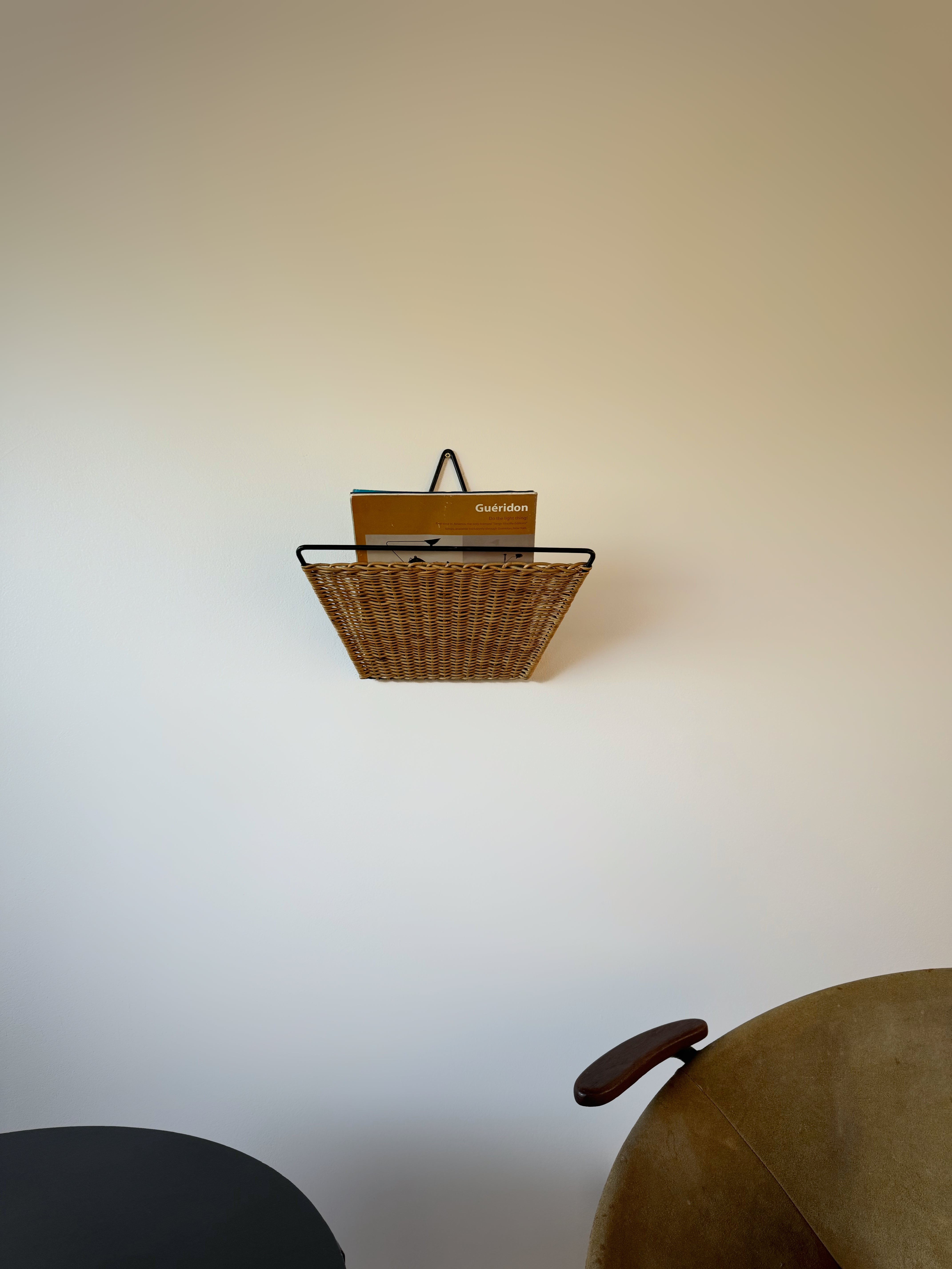 French Wicker and Iron Wall Magazine Rack
