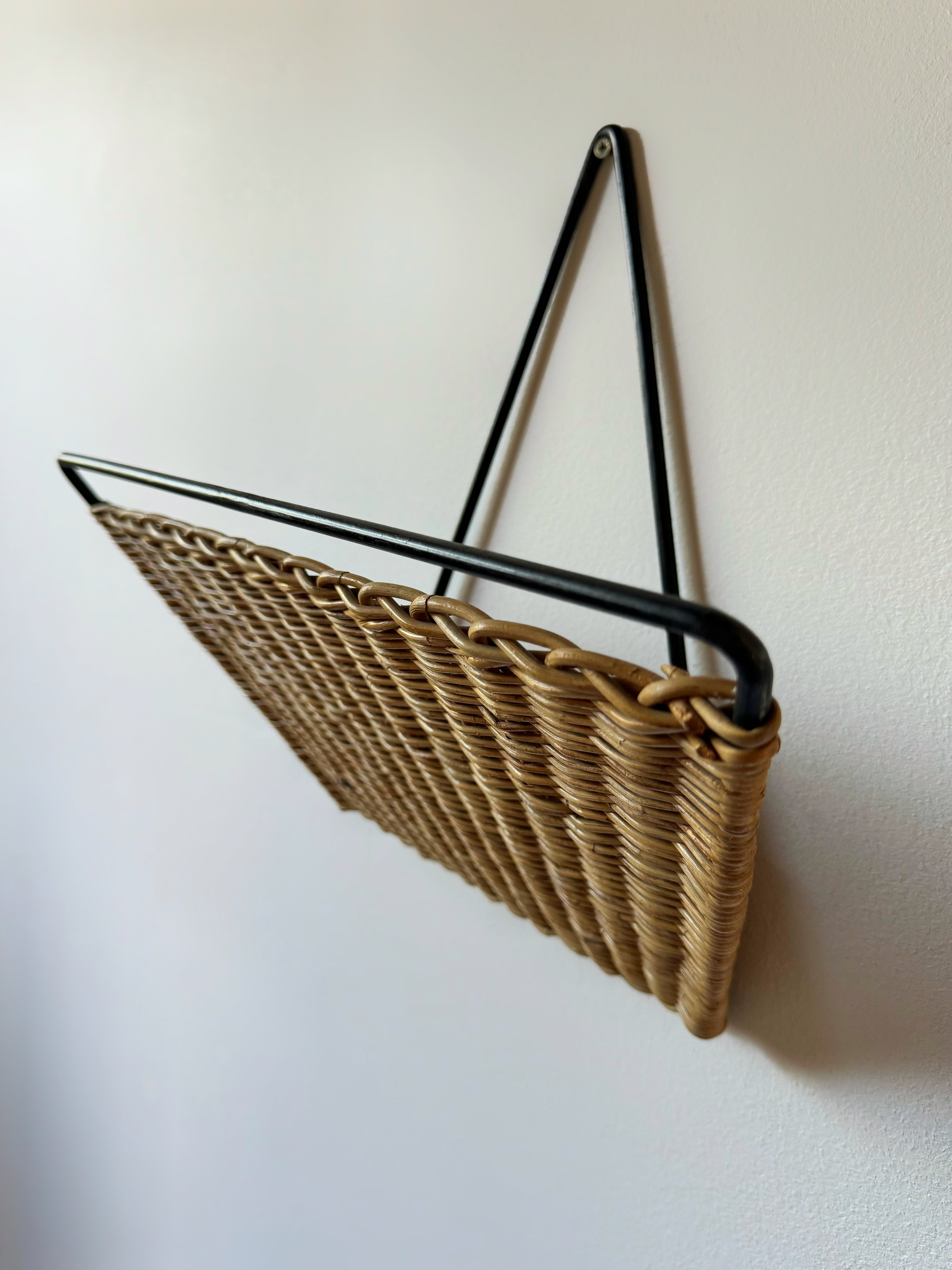 French Wicker and Iron Wall Magazine Rack